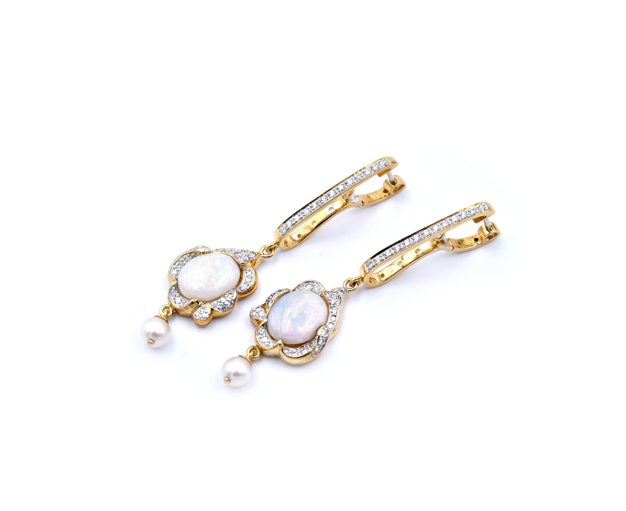 Round Cut 18 Karat Yellow Gold Opal and Diamond Dangle Earrings For Sale