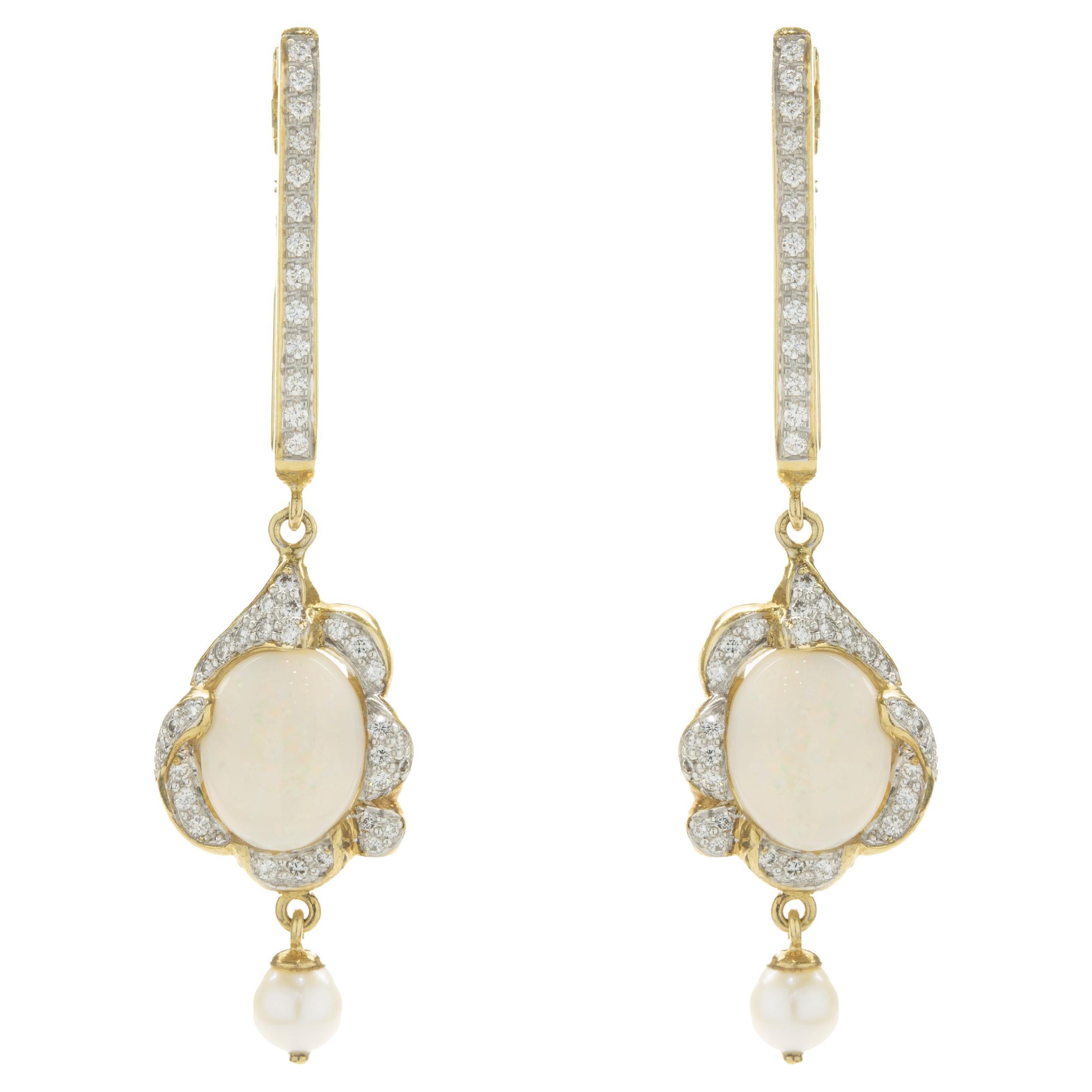 Natural Opal Dangle Earring Diamond with Sapphire and Emerald in 18k