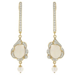 18k Yellow Gold Opal and Diamond Dangle Earrings
