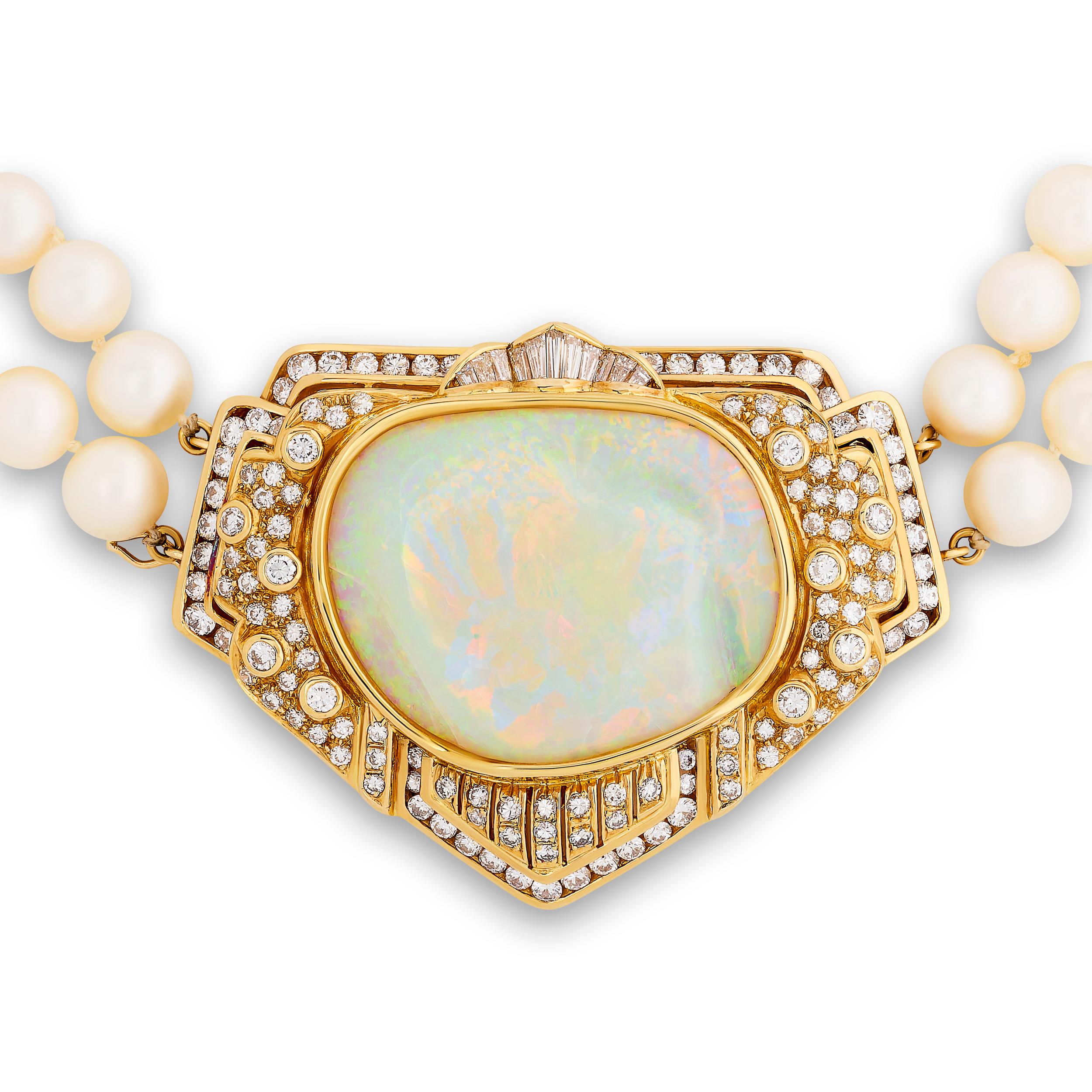 Round Cut 18K Yellow Gold Opal and Diamond Pendant on a Double Strand Pearl Necklace For Sale