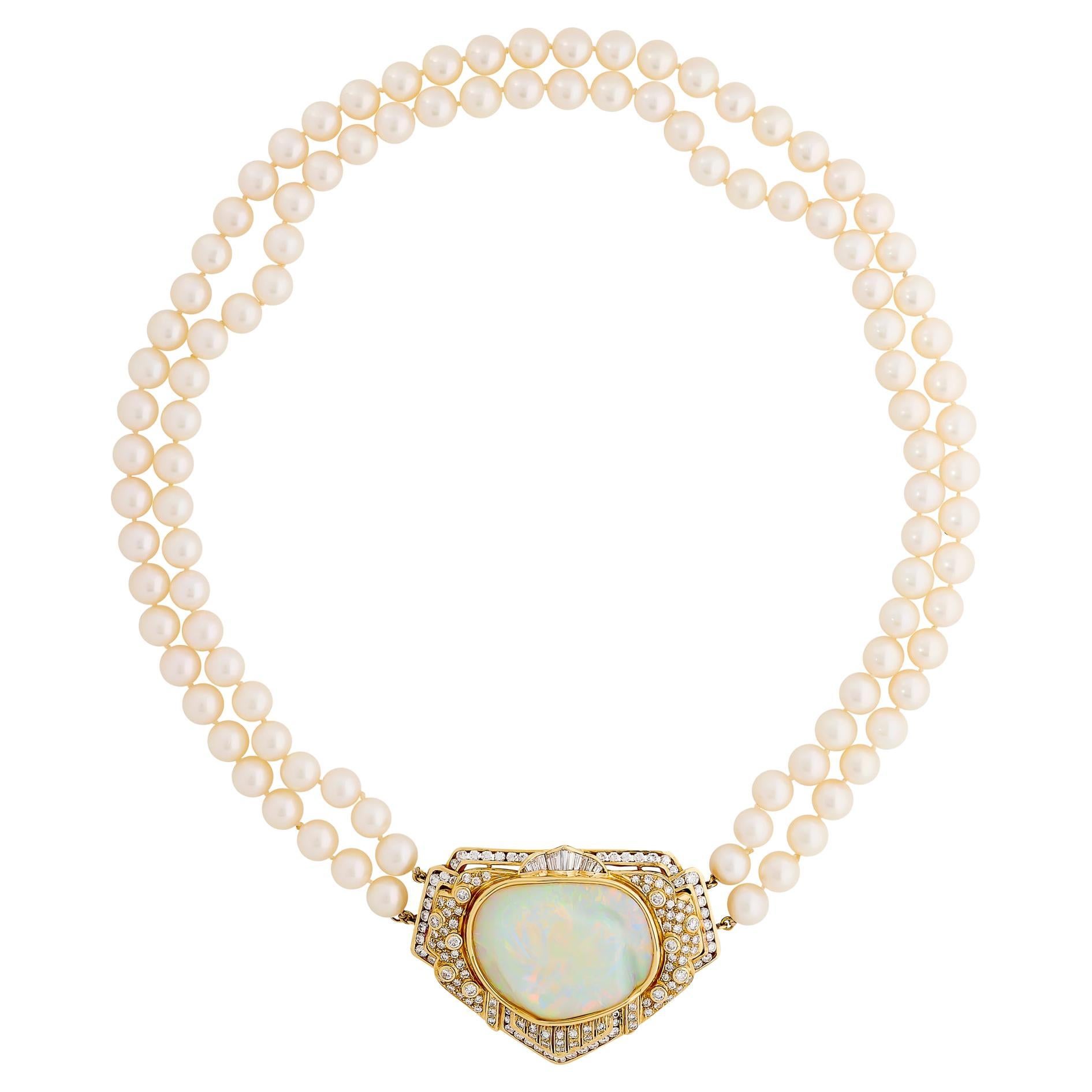 18K Yellow Gold Opal and Diamond Pendant on a Double Strand Pearl Necklace For Sale
