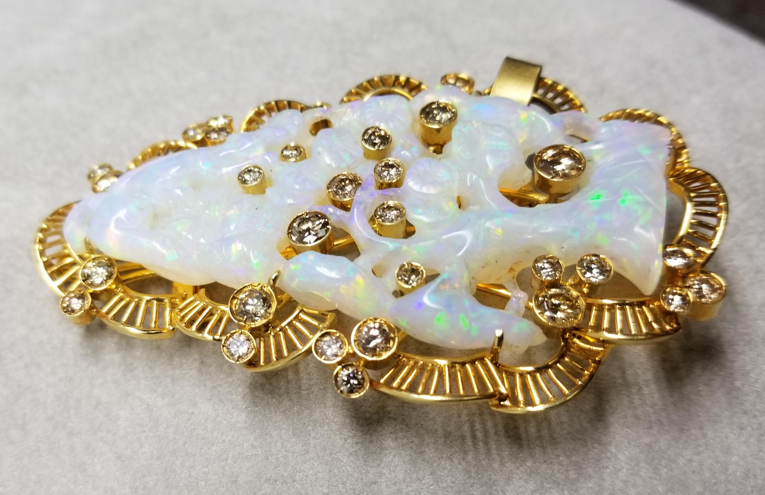 Contemporary 18 Karat Yellow Gold Opal and Diamond Pin/Pendant
