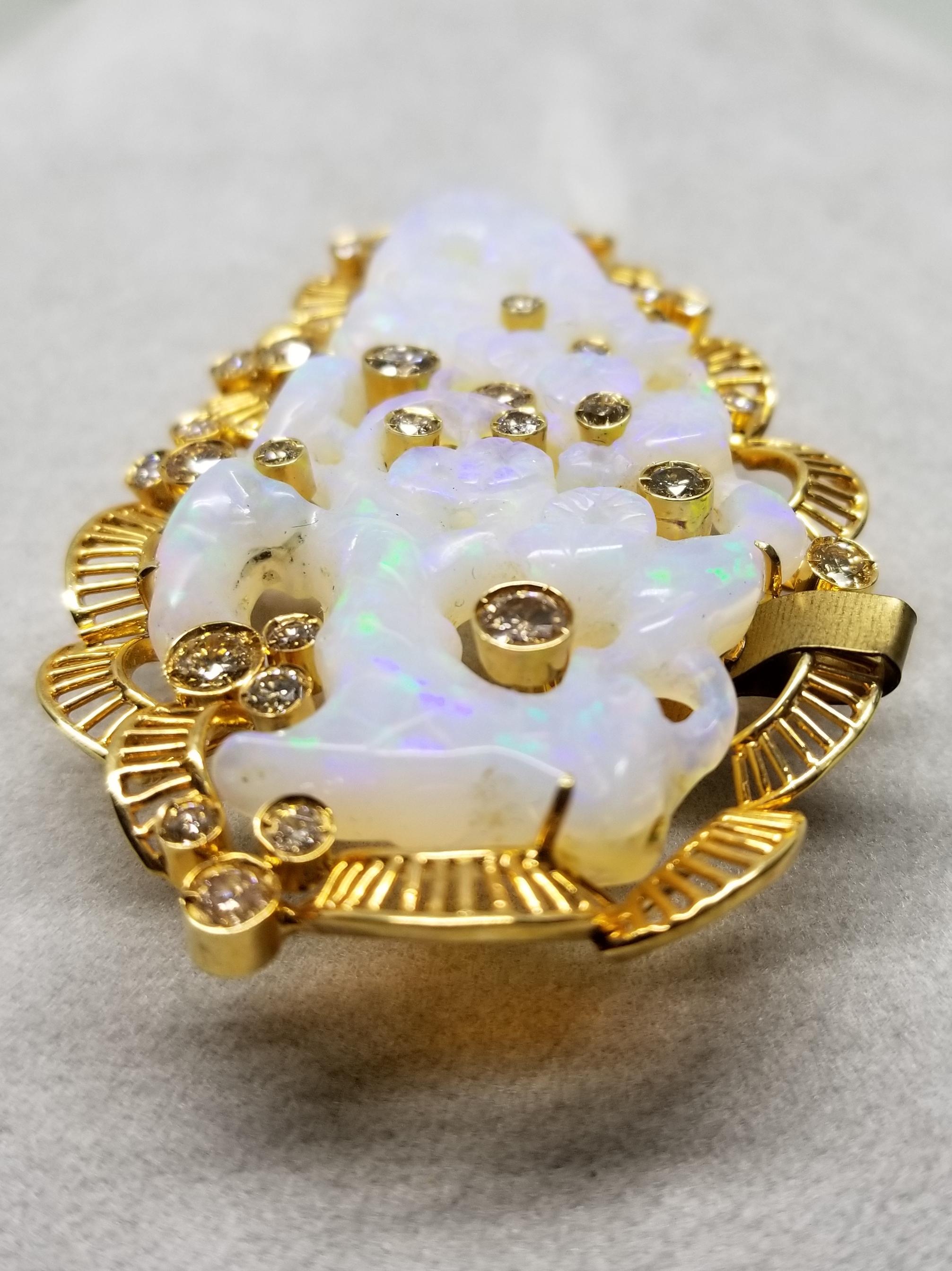 Round Cut 18 Karat Yellow Gold Opal and Diamond Pin/Pendant