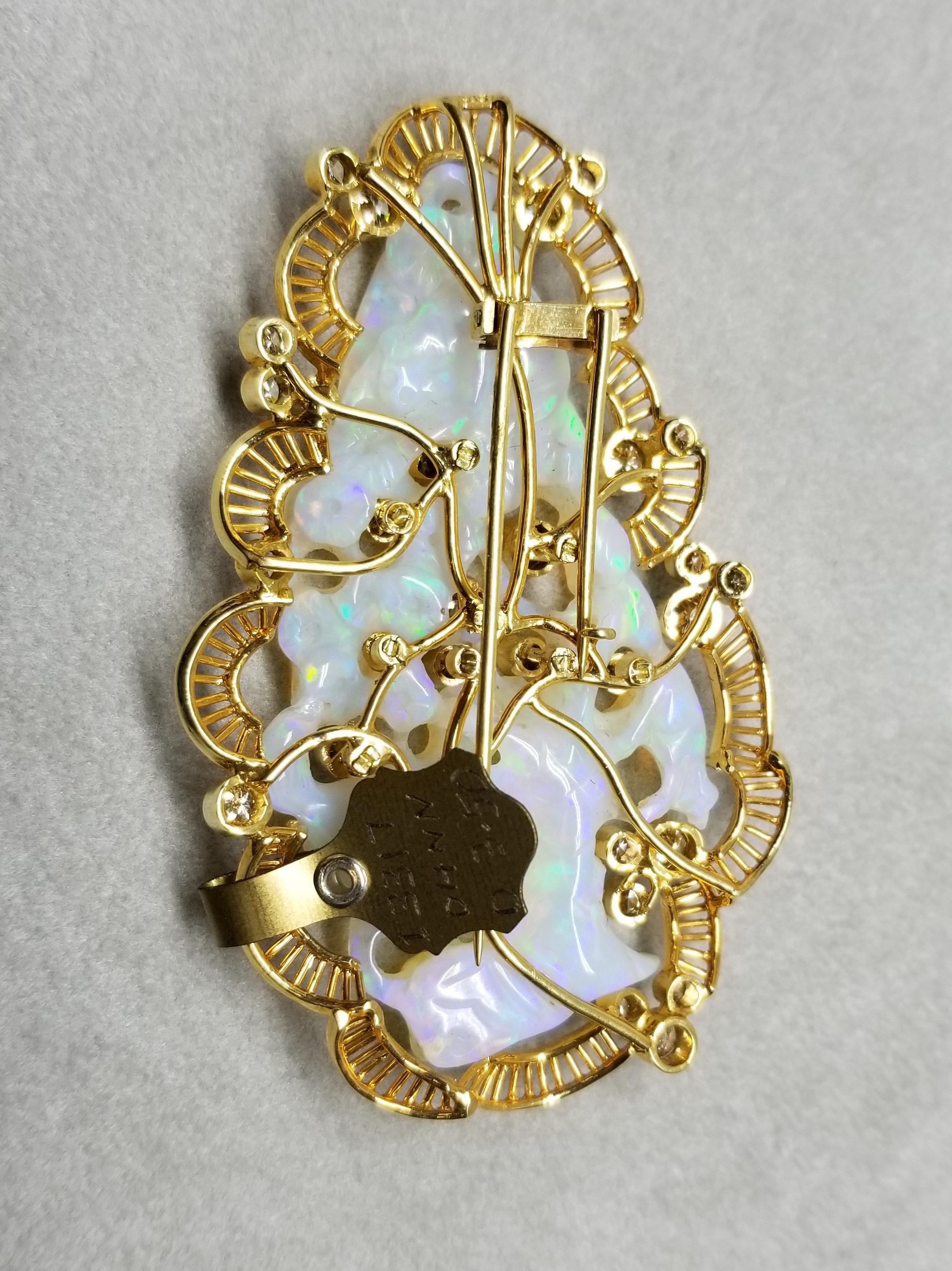 Women's or Men's 18 Karat Yellow Gold Opal and Diamond Pin/Pendant