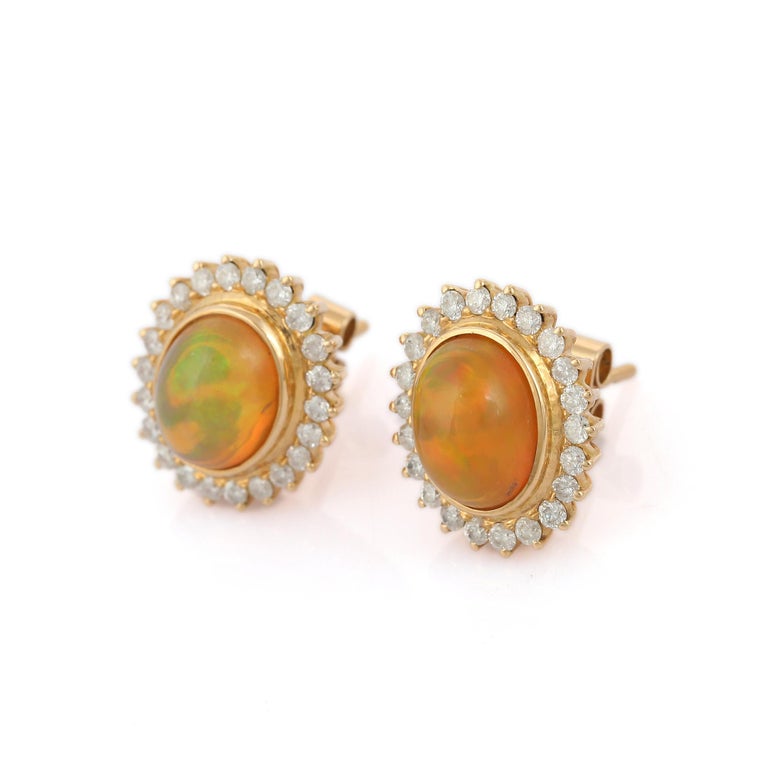 Modern 18K Yellow Gold Opal and Diamond Stud Earrings For Sale