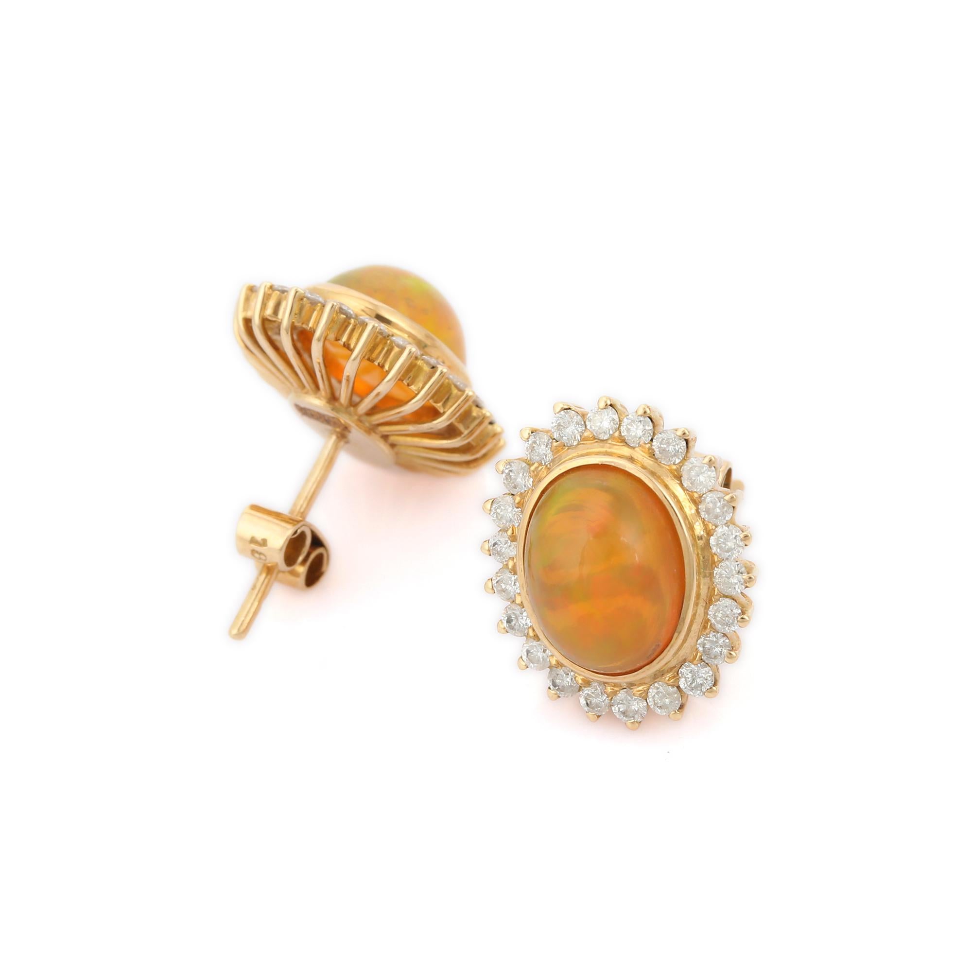 Oval Cut 18K Yellow Gold Opal and Diamond Stud Earrings For Sale