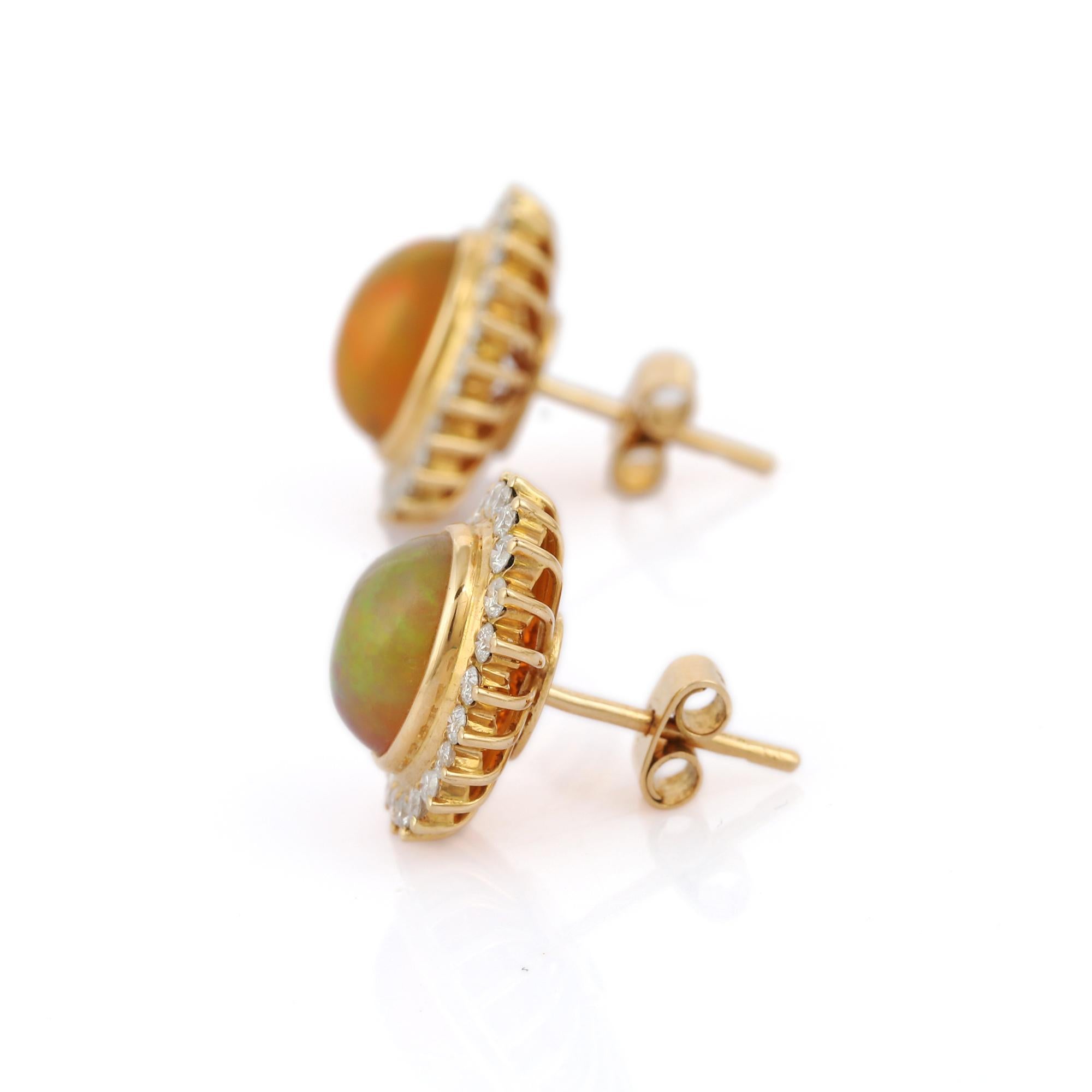 Women's 18K Yellow Gold Opal and Diamond Stud Earrings For Sale
