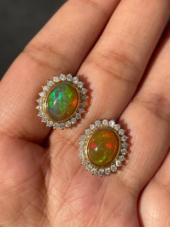 18k Solid Yellow Gold Opal Halo Diamond Stud Earrings Gift for Wedding