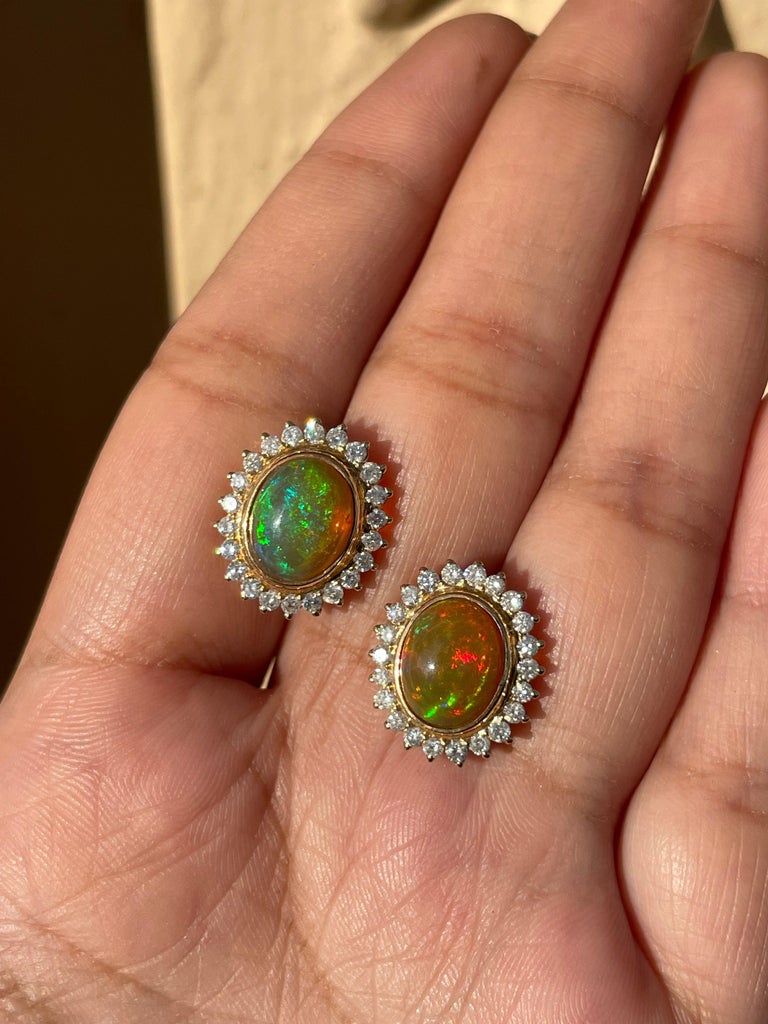 18K Yellow Gold Opal and Diamond Stud Earrings For Sale 2