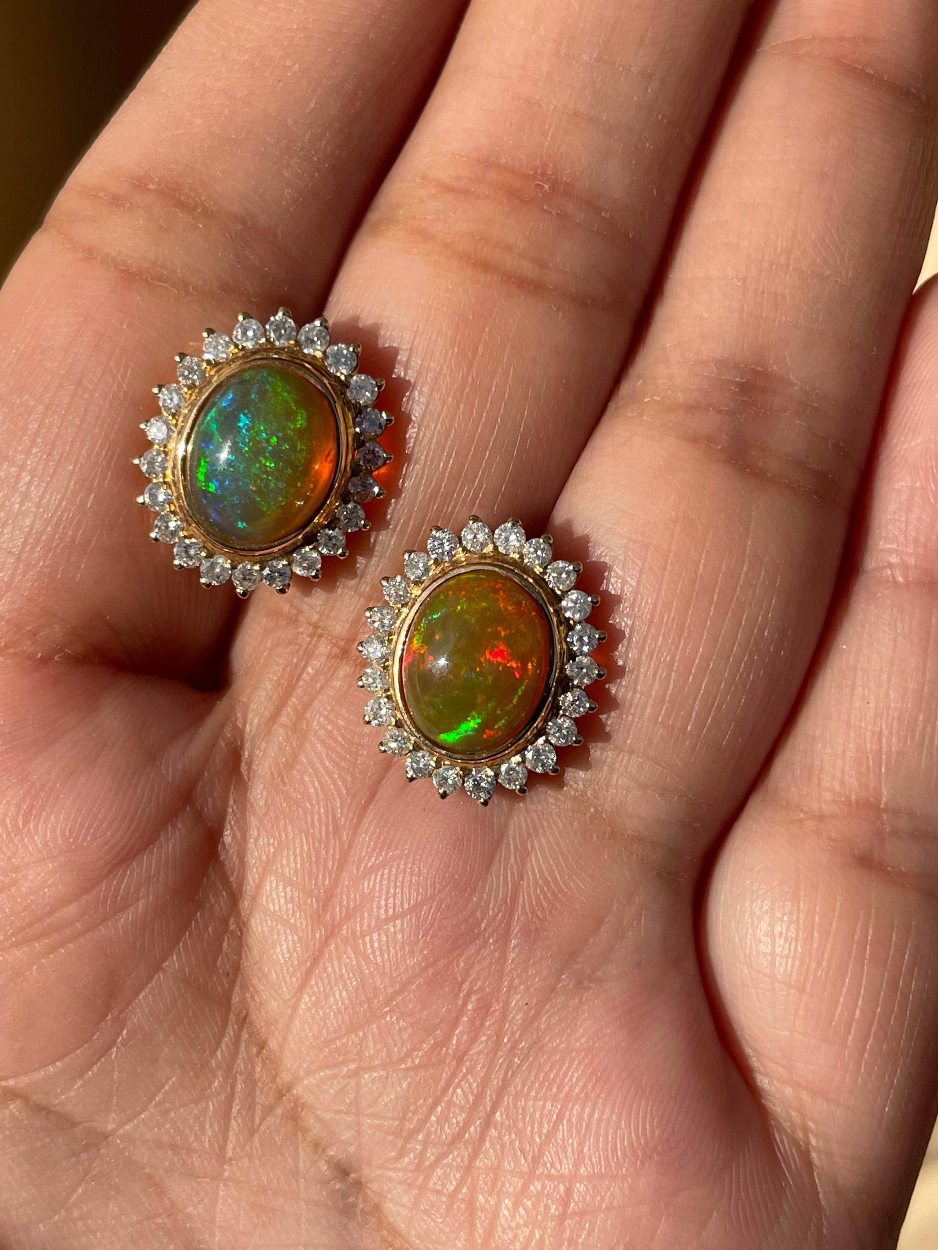 Modern 18K Yellow Gold Opal and Diamond Stud Earrings For Sale