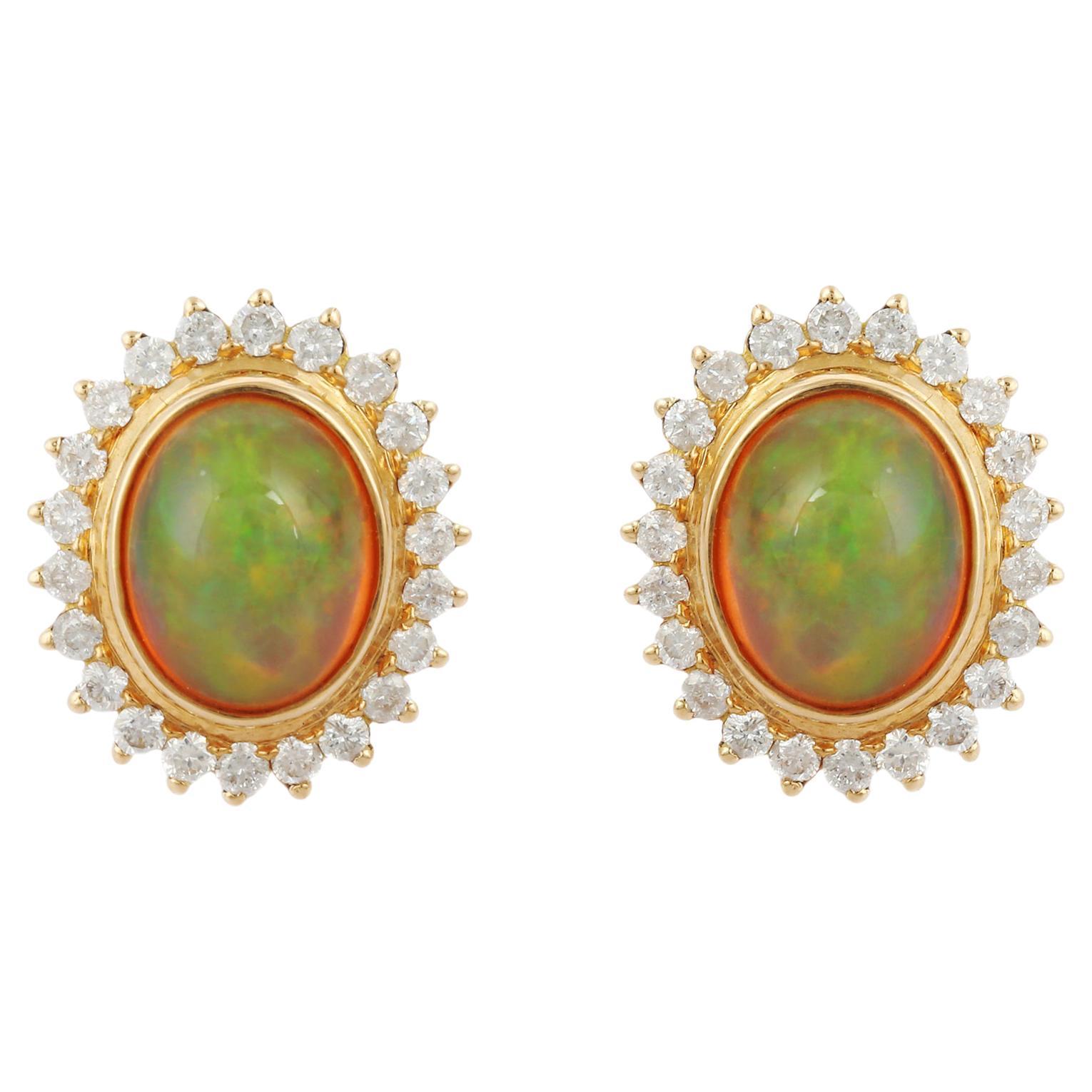 18K Yellow Gold Opal and Diamond Stud Earrings