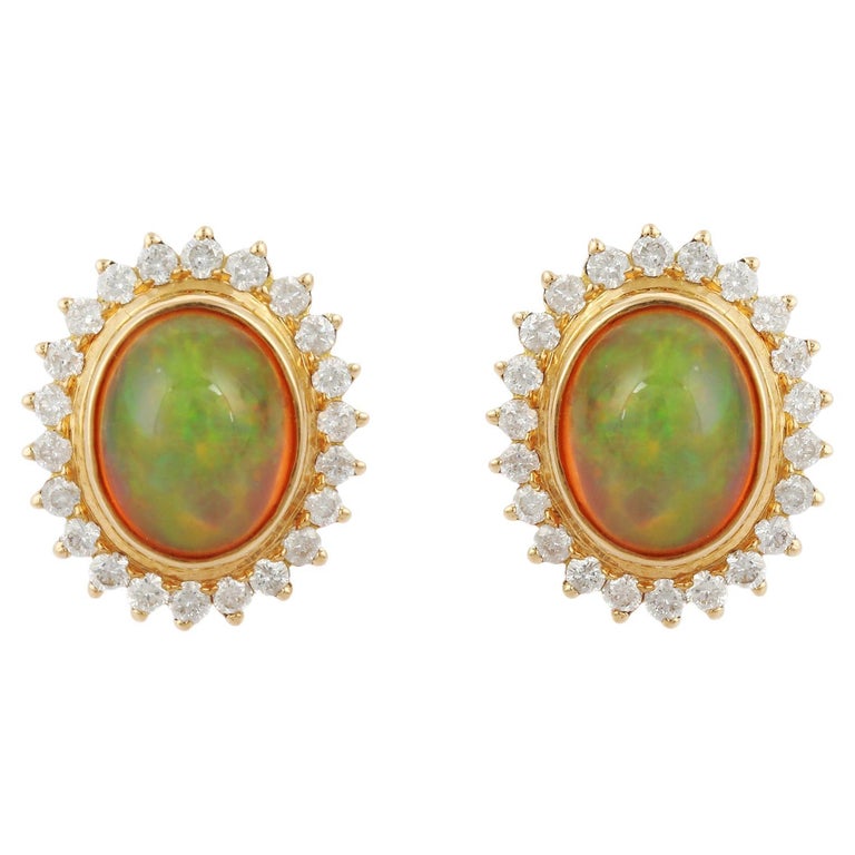 18K Yellow Gold Opal and Diamond Stud Earrings For Sale