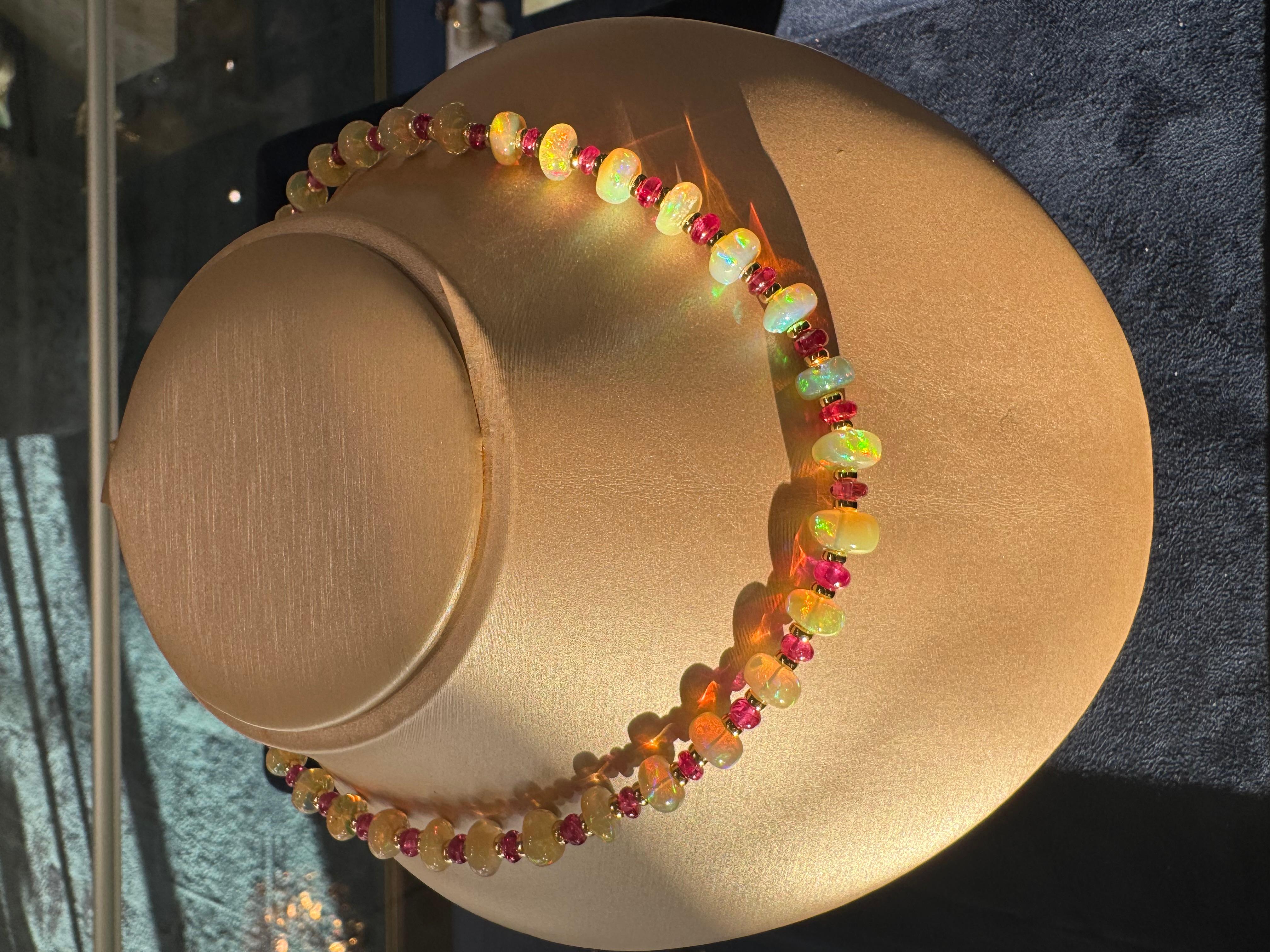 Artisan 18K Yellow Gold Opal and Pink Spinel Bead Necklace For Sale