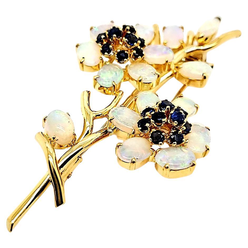 18k Yellow Gold Opal Brooch with 1.59 cts Sapphires For Sale