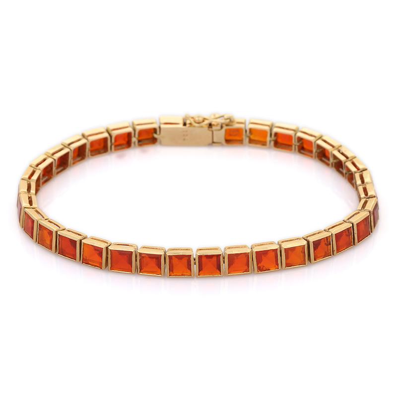 18 Karat massives Gelbgold Einzigartiges quadratisches orangefarbenes Opal-Tennisarmband für Hochzeit 1