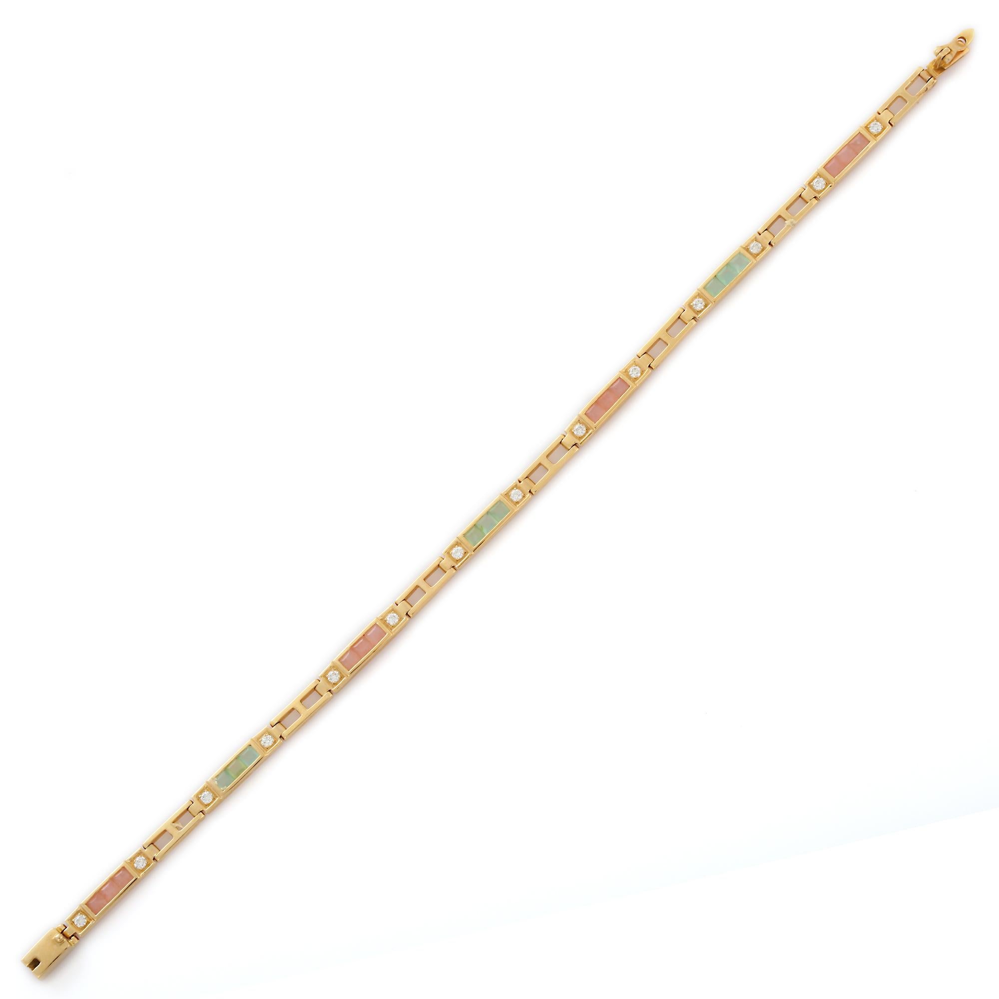 Square Cut Modern 18k Solid Yellow Gold Opal Diamond Tennis Bracelet for Grandma For Sale