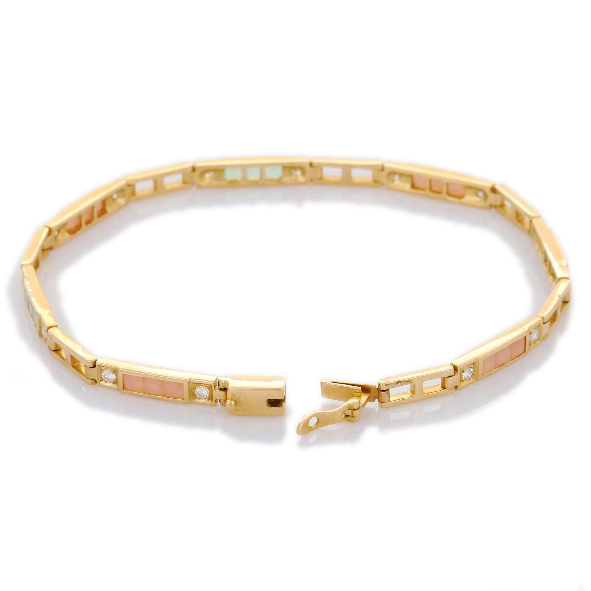 Modern 18k Solid Yellow Gold Opal Diamond Tennis Bracelet for Grandma In New Condition For Sale In New York, NY