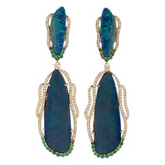 18K Yellow Gold Opal, Emerald & Diamond Statement Dangle Earrings