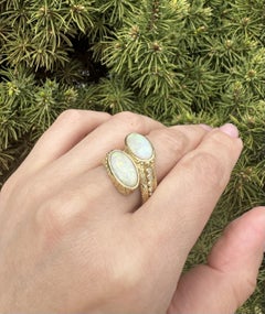 18k Yellow Gold Opal & Graduated Diamond Textured Bead Bypass Statement Ring