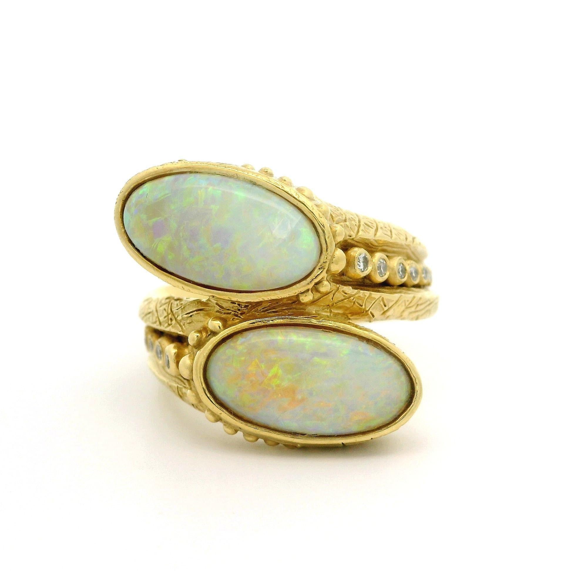 Brilliant Cut 18k Yellow Gold Opal & Graduated Diamond Textured Bead Bypass Statement Ring For Sale