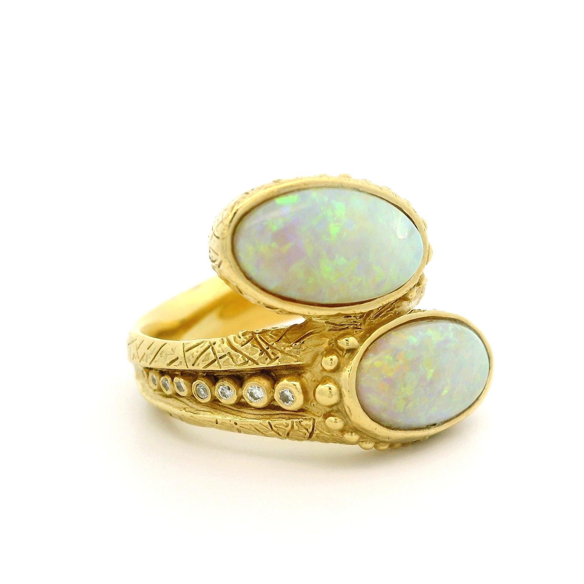 18k Yellow Gold Opal & Graduated Diamond Textured Bead Bypass Statement Ring In Good Condition For Sale In Montclair, NJ