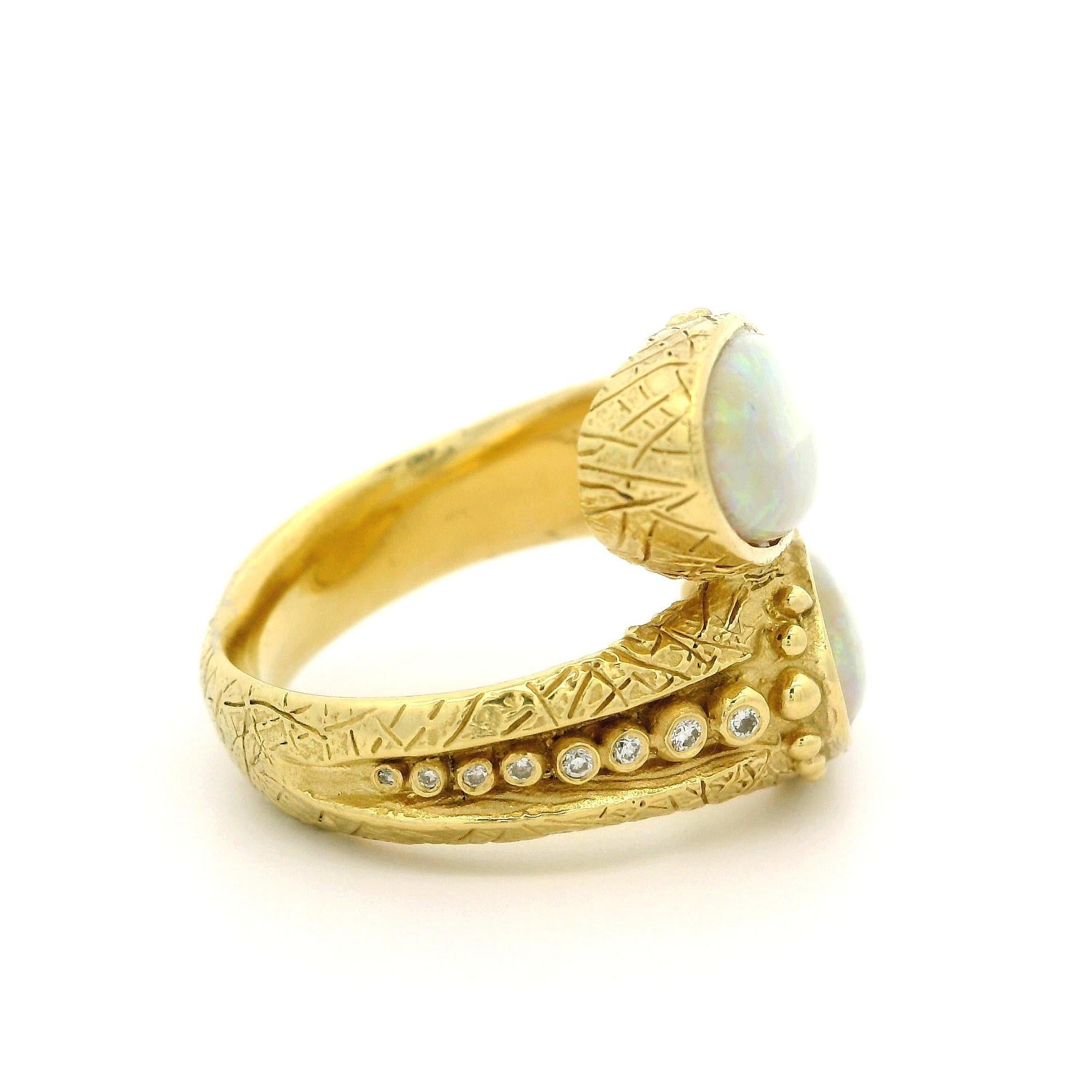 Women's 18k Yellow Gold Opal & Graduated Diamond Textured Bead Bypass Statement Ring For Sale