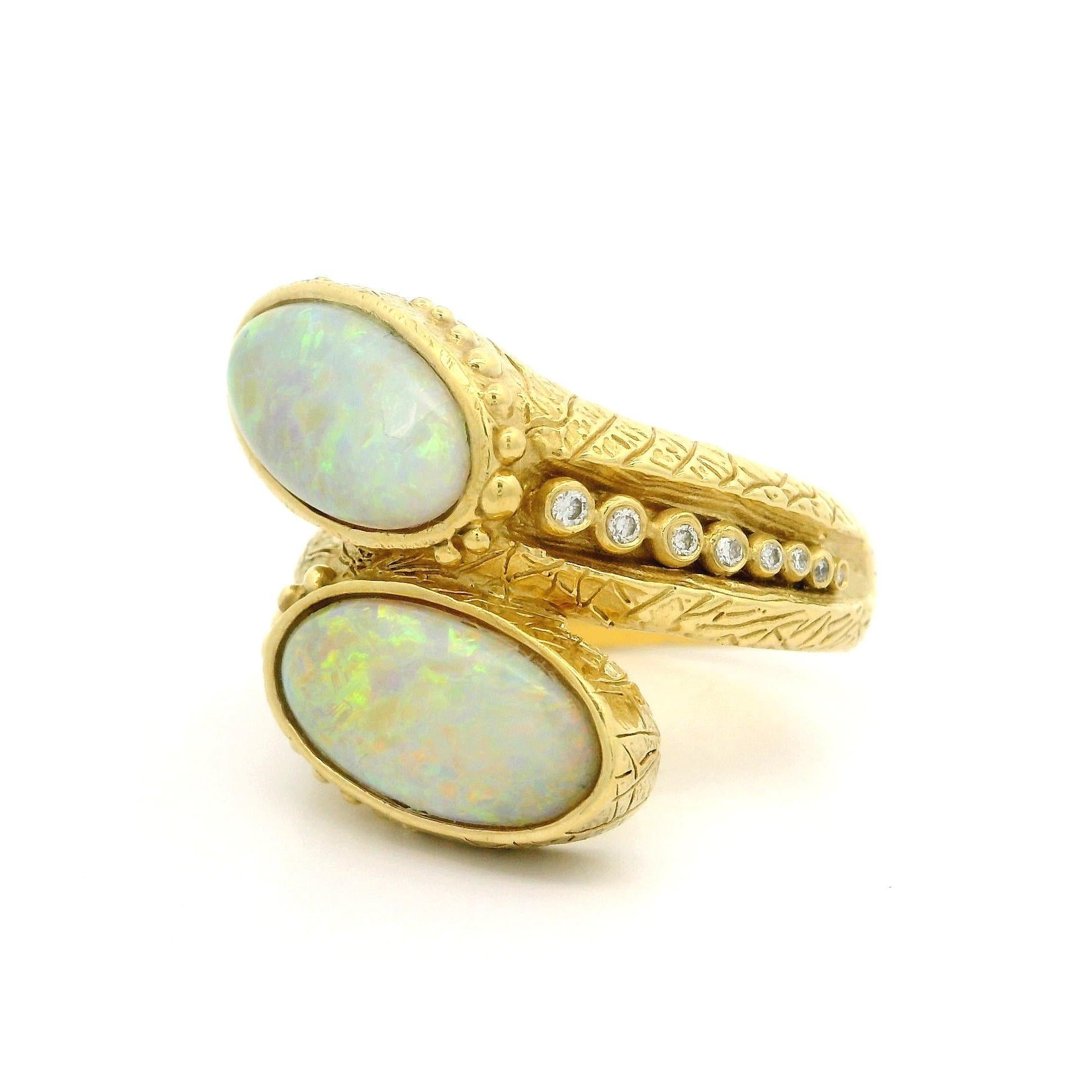 18k Yellow Gold Opal & Graduated Diamond Textured Bead Bypass Statement Ring For Sale 1