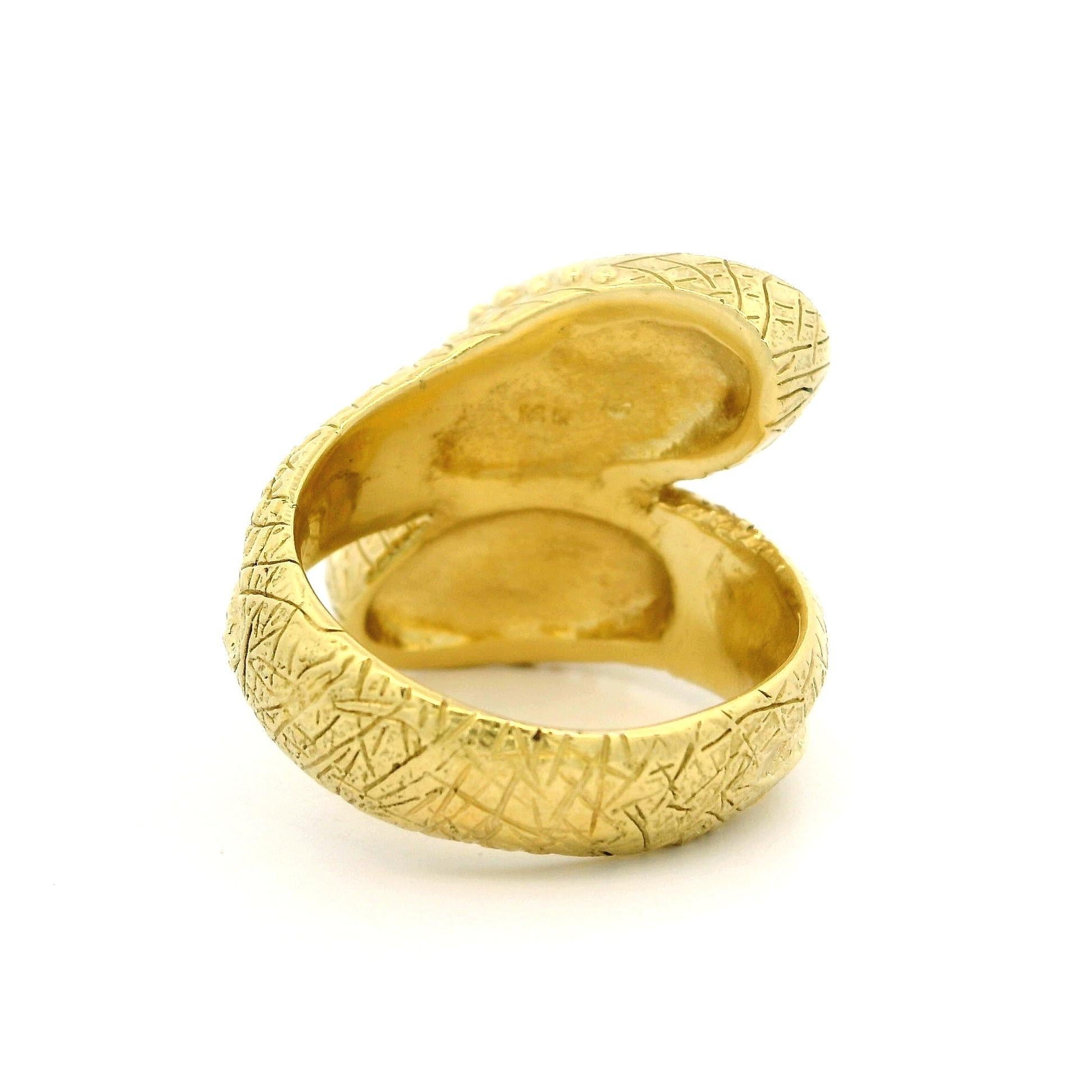 18k Yellow Gold Opal & Graduated Diamond Textured Bead Bypass Statement Ring For Sale 2