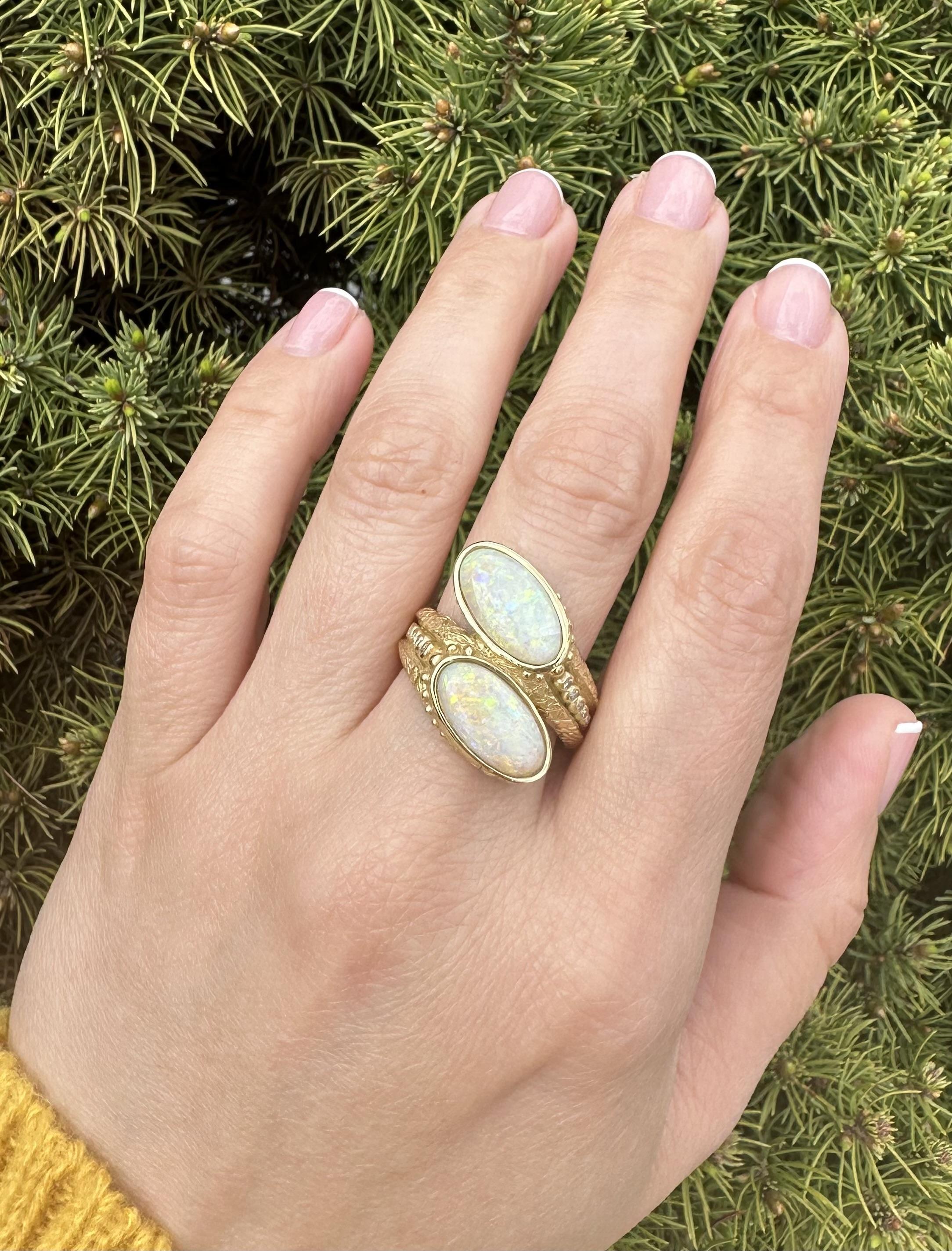 18k Yellow Gold Opal & Graduated Diamond Textured Bead Bypass Statement Ring For Sale 3
