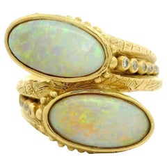 18k Yellow Gold Opal & Graduated Diamond Textured Bead Bypass Statement Ring