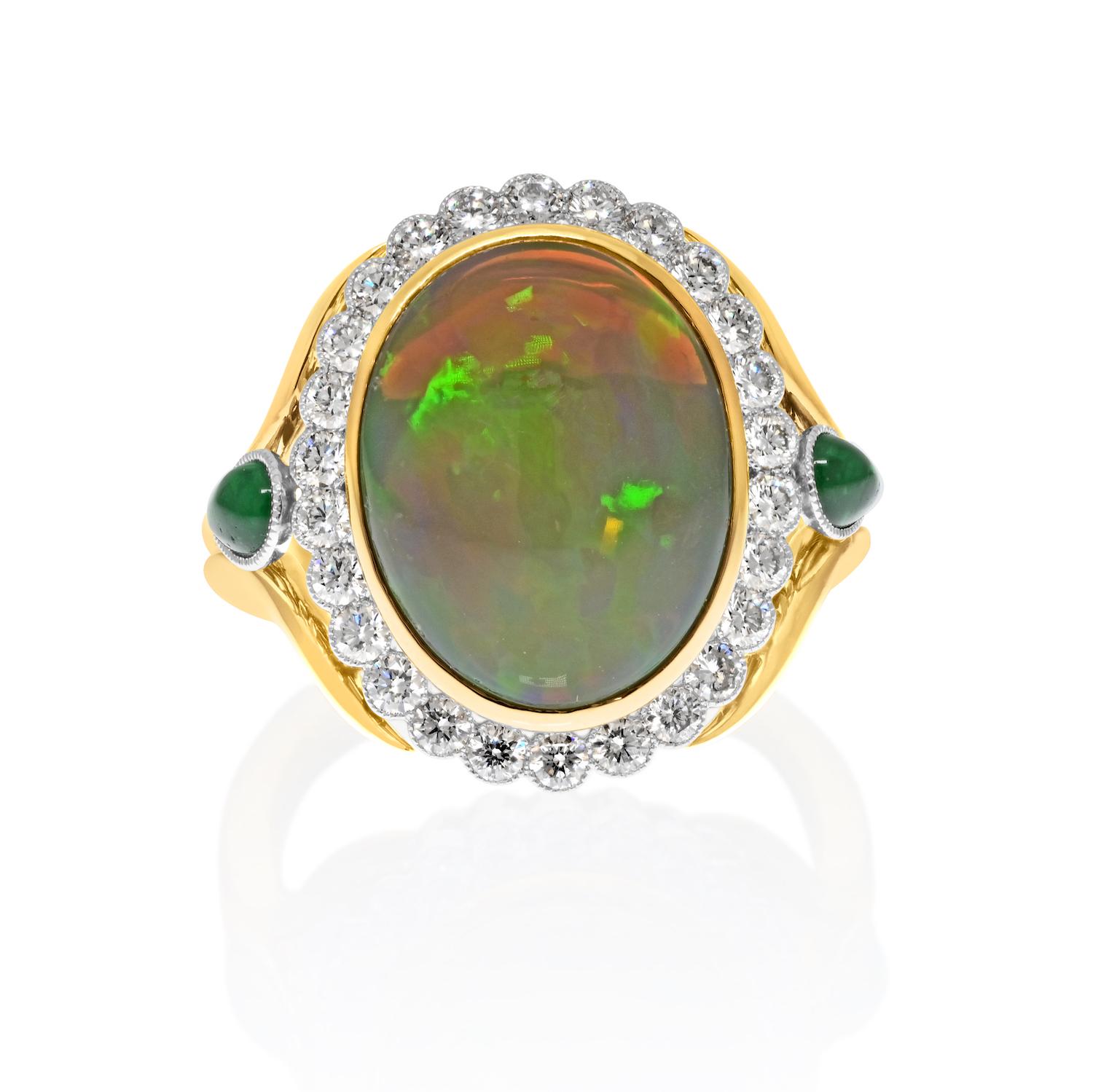 Estate Style Opal Ring: Captivating Elegance in Every Detail.

Embrace timeless elegance with this exquisite estate-style opal ring. At its heart, a magnificent oval opal cabochon, weighing a stunning 6.84 carats, takes center stage in a delicate