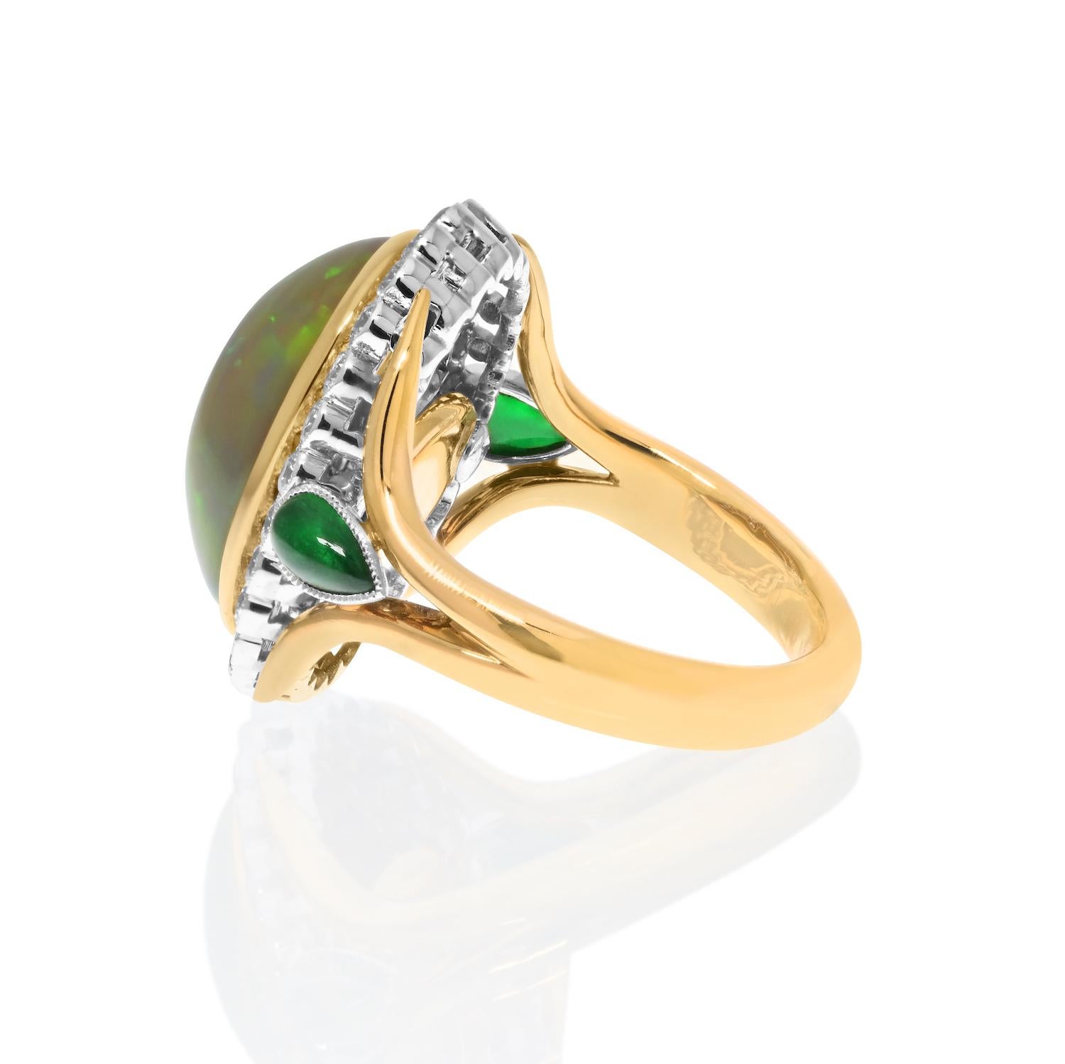 Contemporary 18K Yellow Gold Opal, Green Emeralds & Diamond Cocktail Ring For Sale