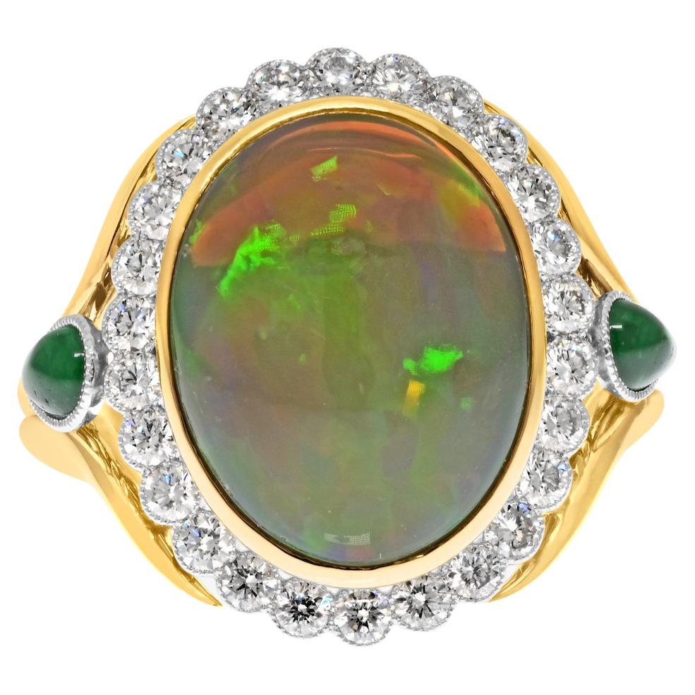 18K Yellow Gold Opal, Green Emeralds & Diamond Cocktail Ring For Sale