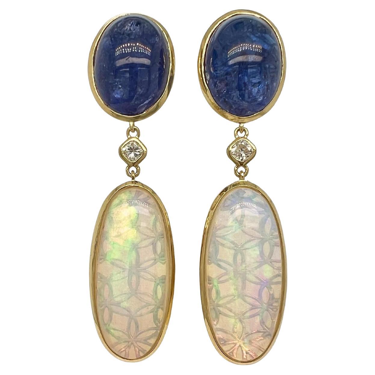 Orecchini pendenti a tre parti in oro giallo 18k con opale e tanzanite e diamanti in vendita