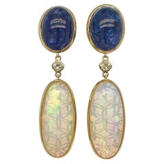 Orecchini pendenti a tre parti in oro giallo 18k con opale e tanzanite e diamanti