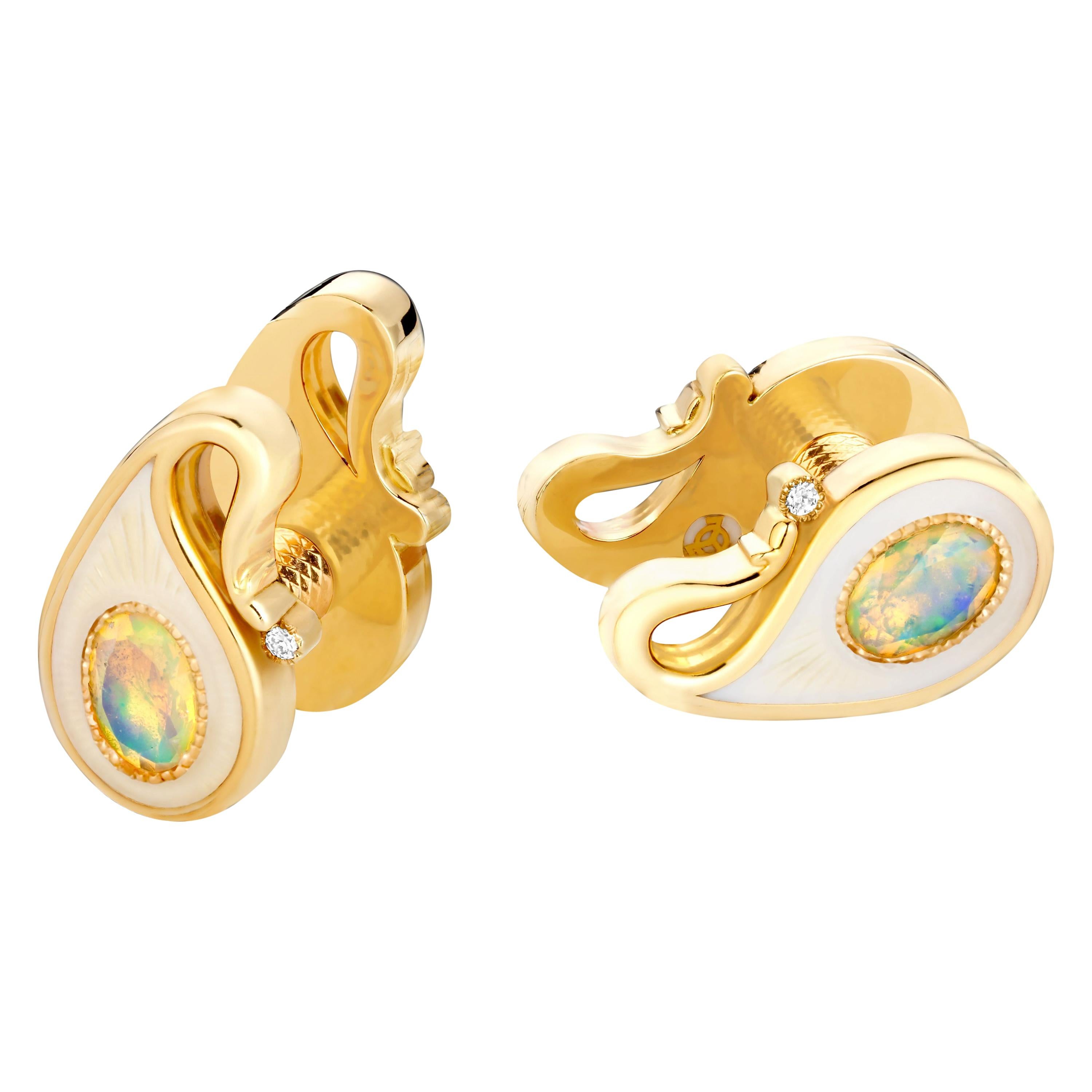 18k Yellow Gold Opals Diamonds Guilloche Enamel Double-Sided Paisley Cufflinks For Sale