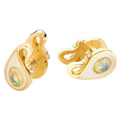 18k Yellow Gold Opals Diamonds Guilloche Enamel Double-Sided Paisley Cufflinks