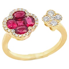 18K Yellow Gold Open Bypass Quatrefoil Ring with Ruby & Diamond