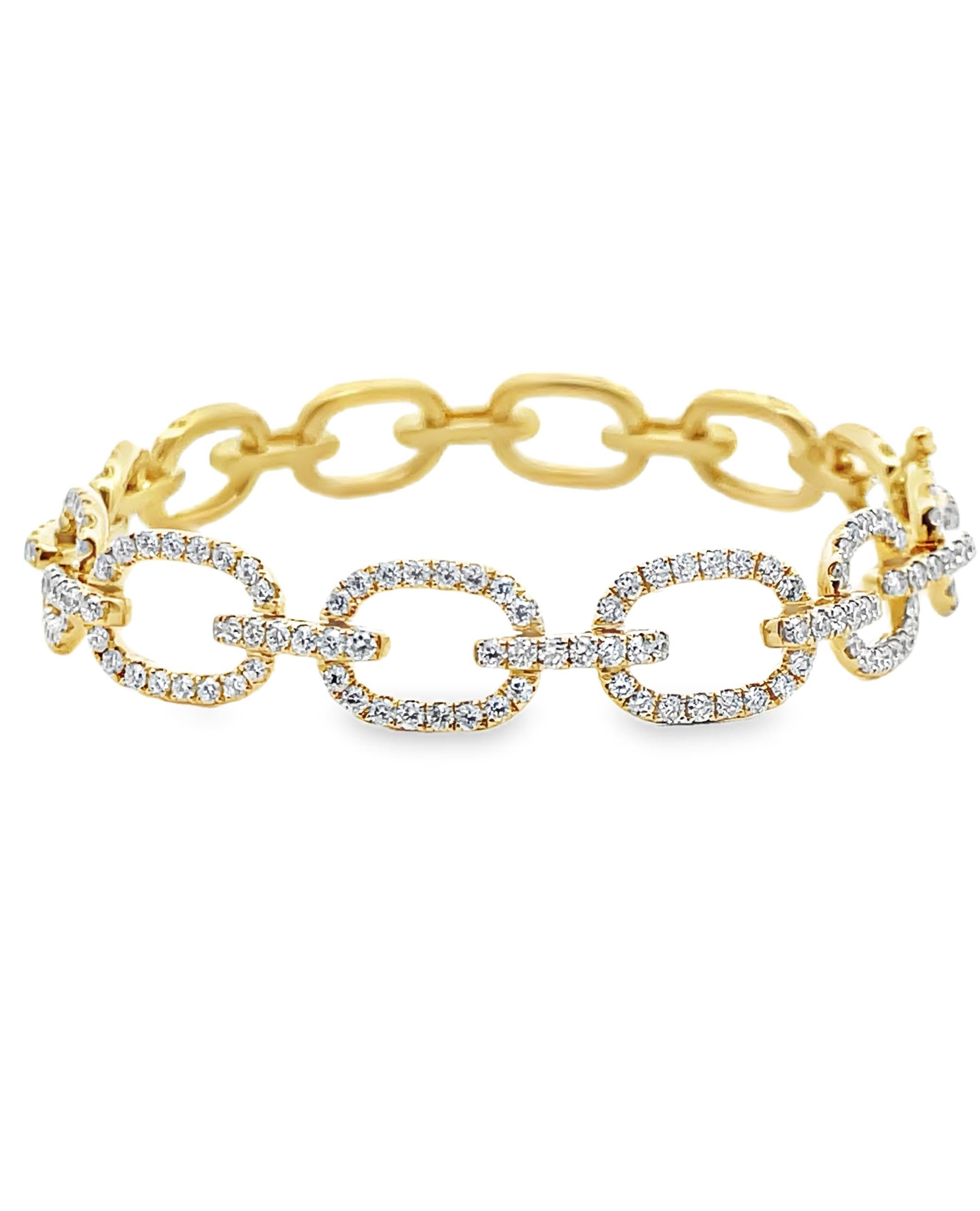 18K yellow gold diamond open link bracelet with 276 round faceted diamonds weighing 3.66 carats total.  

- Bracelet is 7 inches long.
- Diamonds are G/H color, SI1 clarity.
- Figure eight safety clasp.