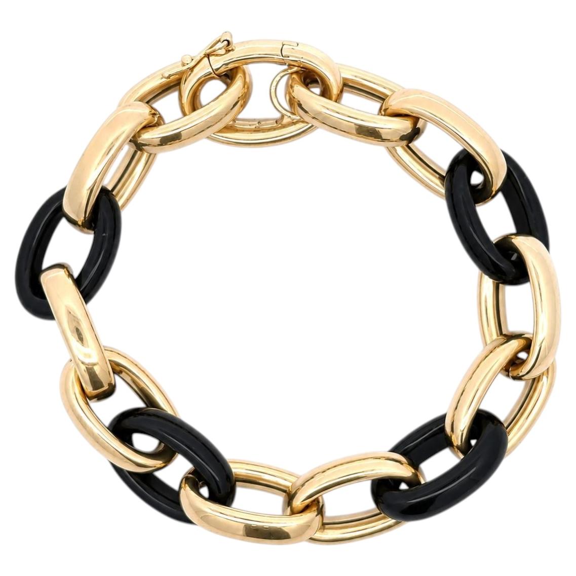 18k Yellow Gold Open Oval Link Black Onyx Formed Chain Bracelet
