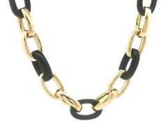 18k Yellow Gold Open Oval Links Black Onyx Formed Link Chain Necklace
