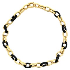 18k Yellow Gold Open Oval Links Black Onyx Formed Link Chain Necklace