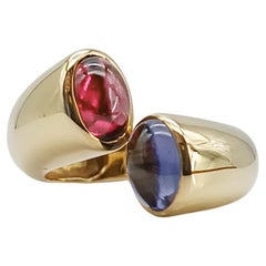 18K Yellow Gold Open Ring with Cabochon Iolite and Rhodolite Garnet