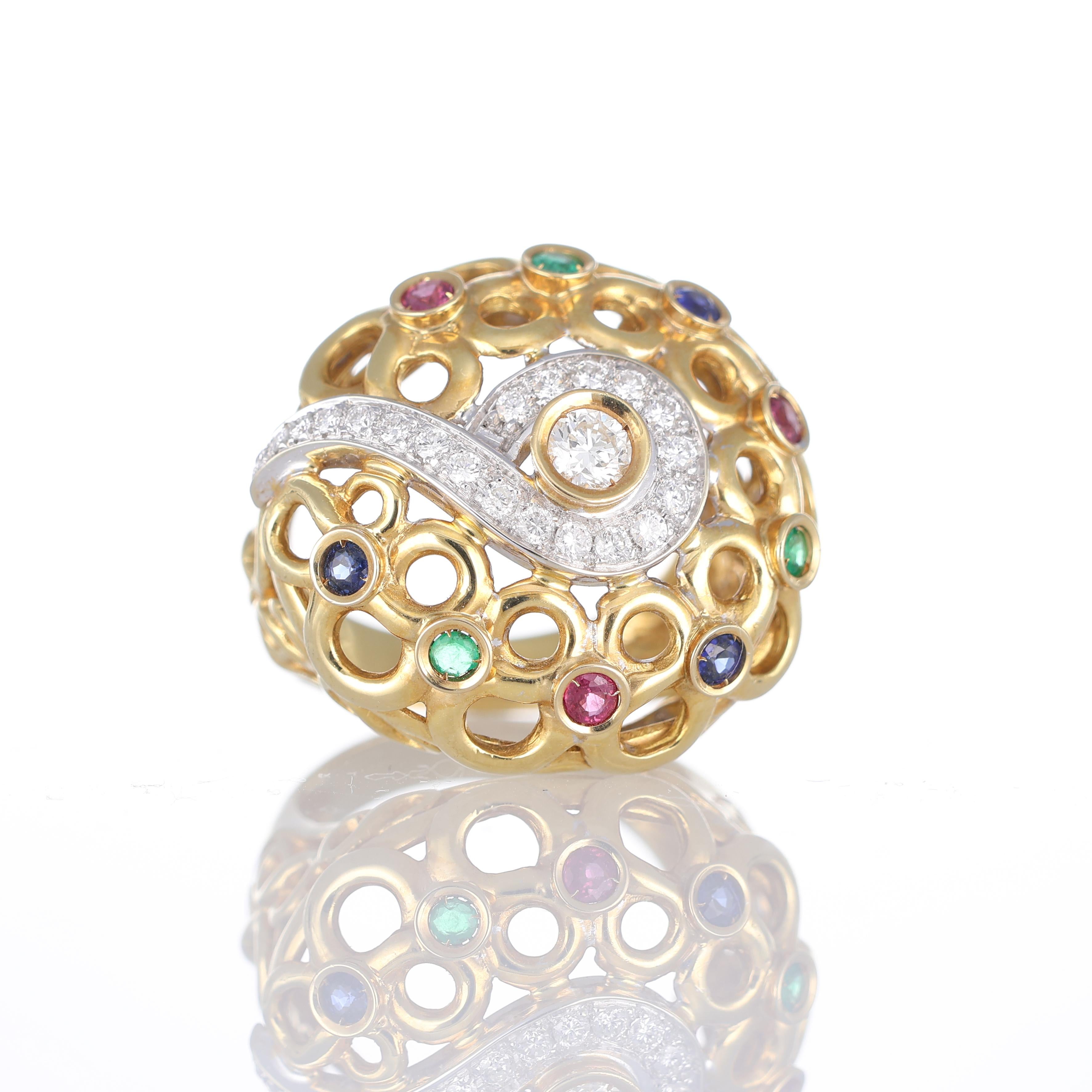 IMPORTANT NOTE:
✔ No additional costs will be added to this order.
✔ Shipping and customs duties are fully covered by us.
--------------------
An exquisite 18k yellow gold openwork ring resembling a sphere, adorned with a dazzling array of