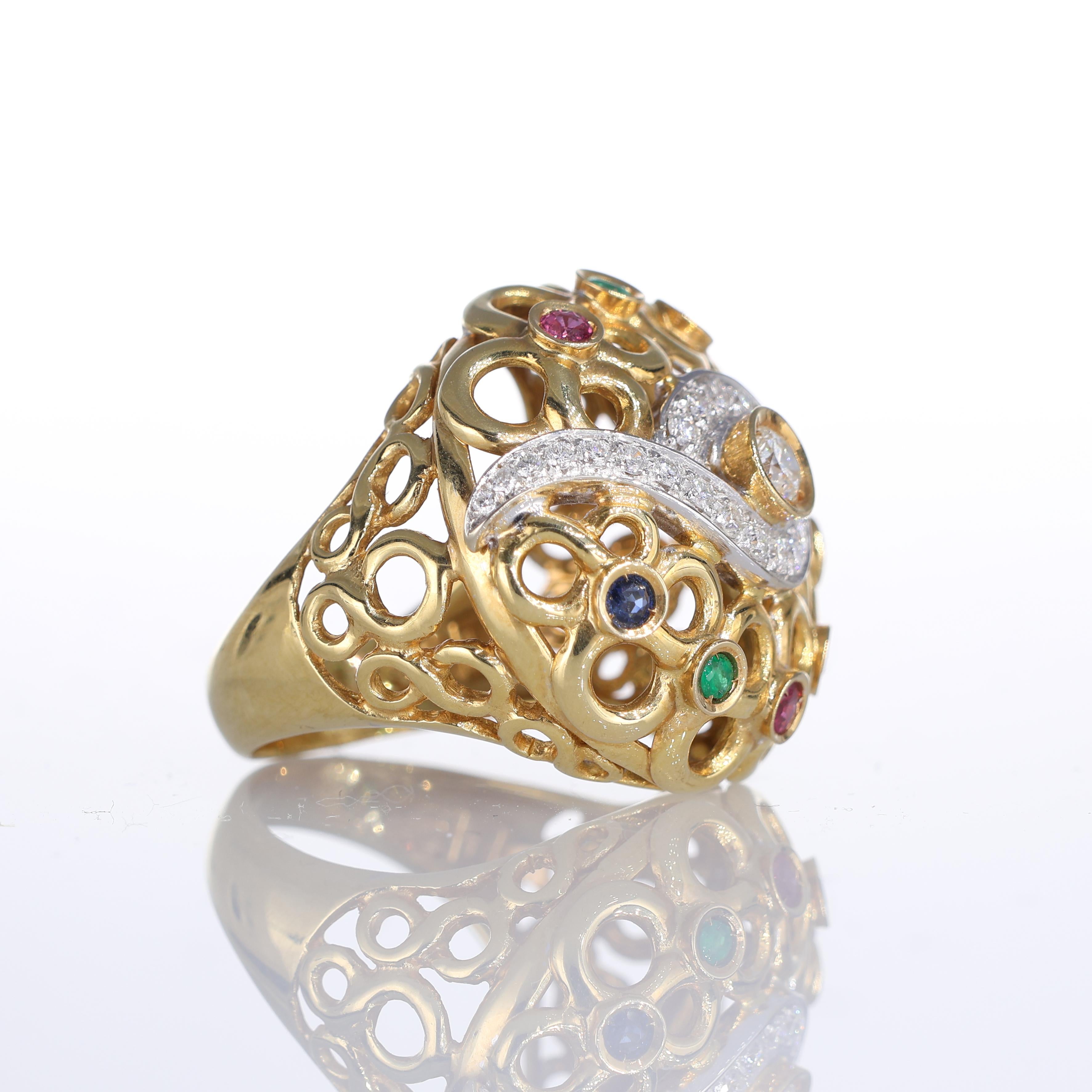 Brilliant Cut 18k Yellow Gold Openwork Ring with Diamonds, Sapphires, Rubies, and Emeralds For Sale