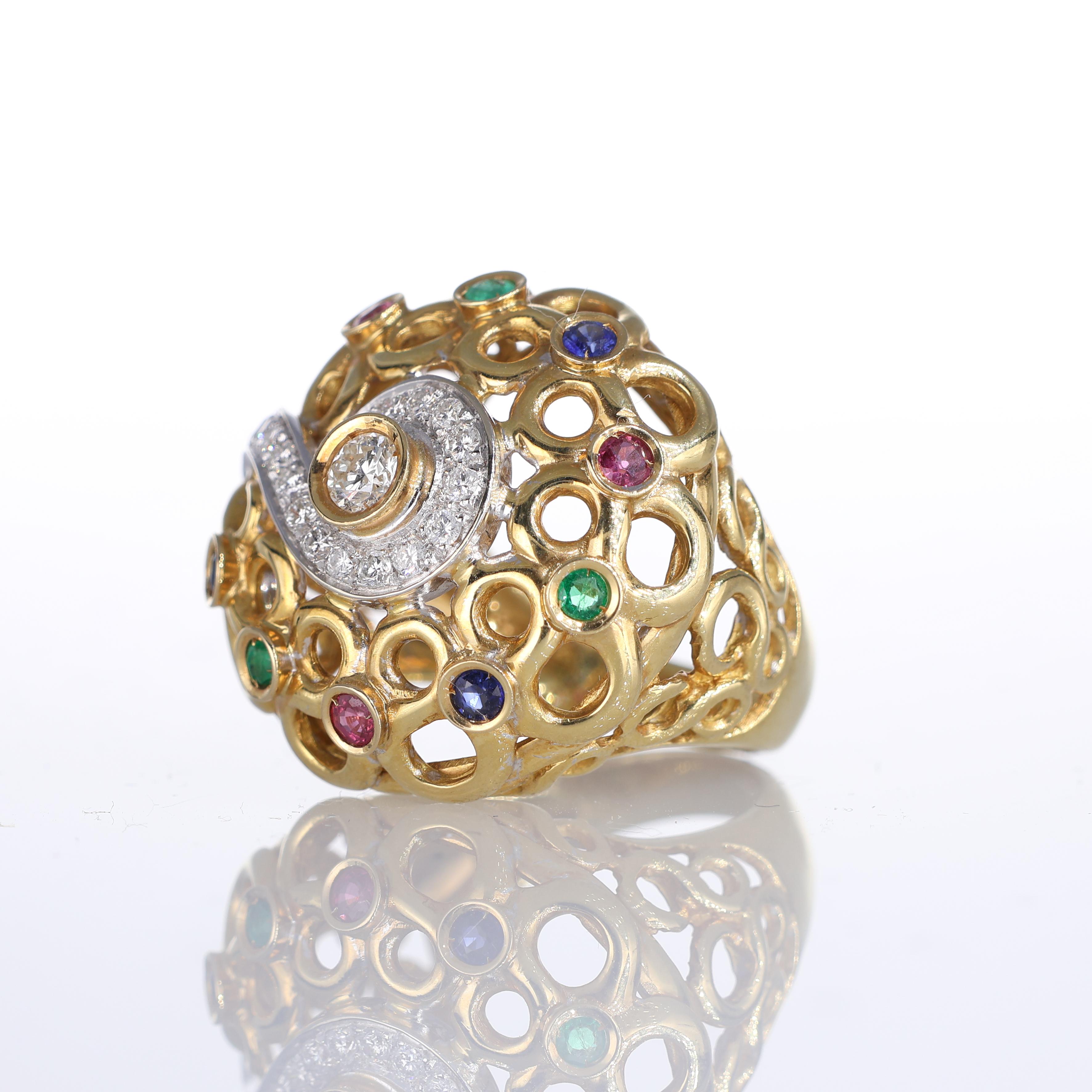 18k Yellow Gold Openwork Ring with Diamonds, Sapphires, Rubies, and Emeralds In New Condition For Sale In Bergamo, BG
