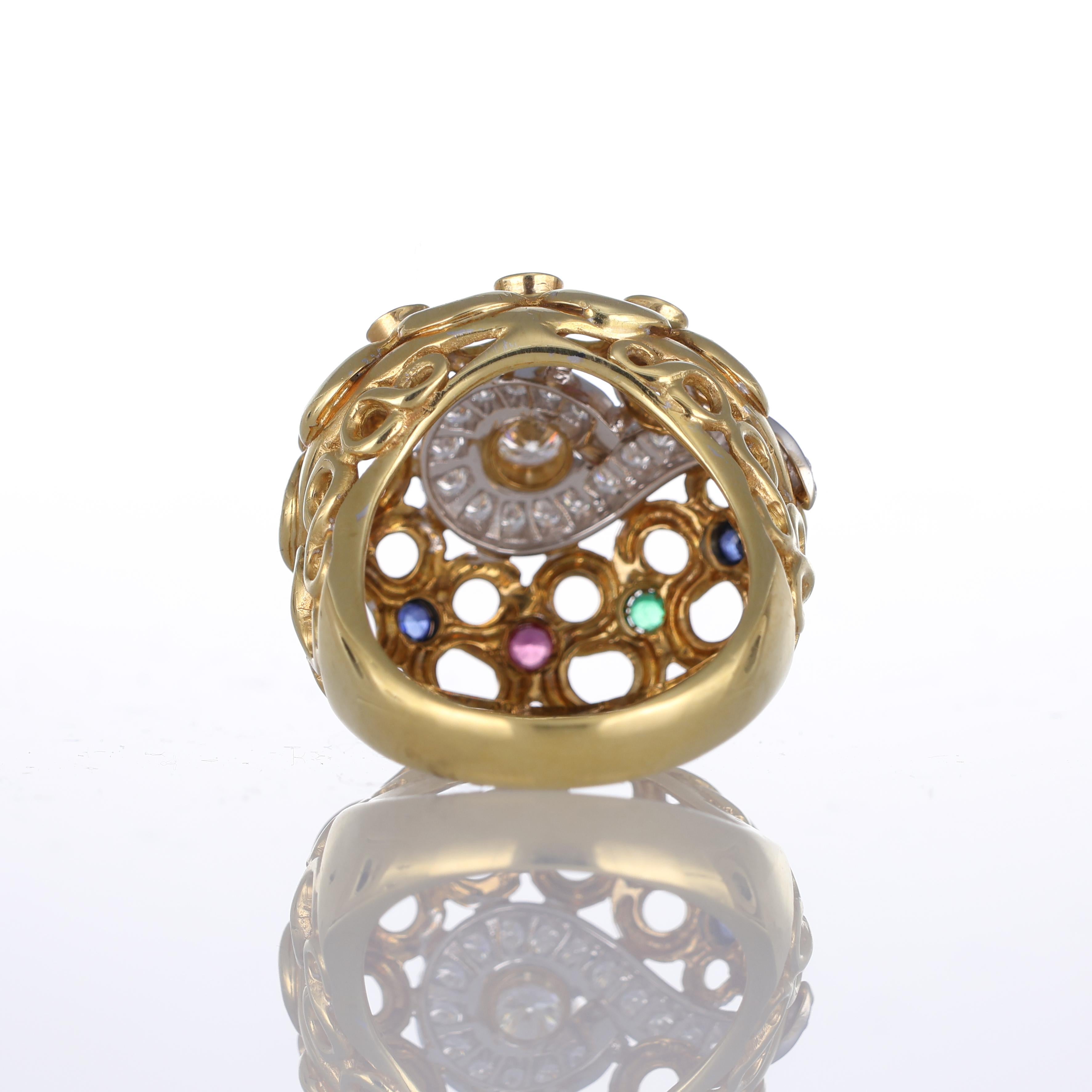 Women's or Men's 18k Yellow Gold Openwork Ring with Diamonds, Sapphires, Rubies, and Emeralds For Sale