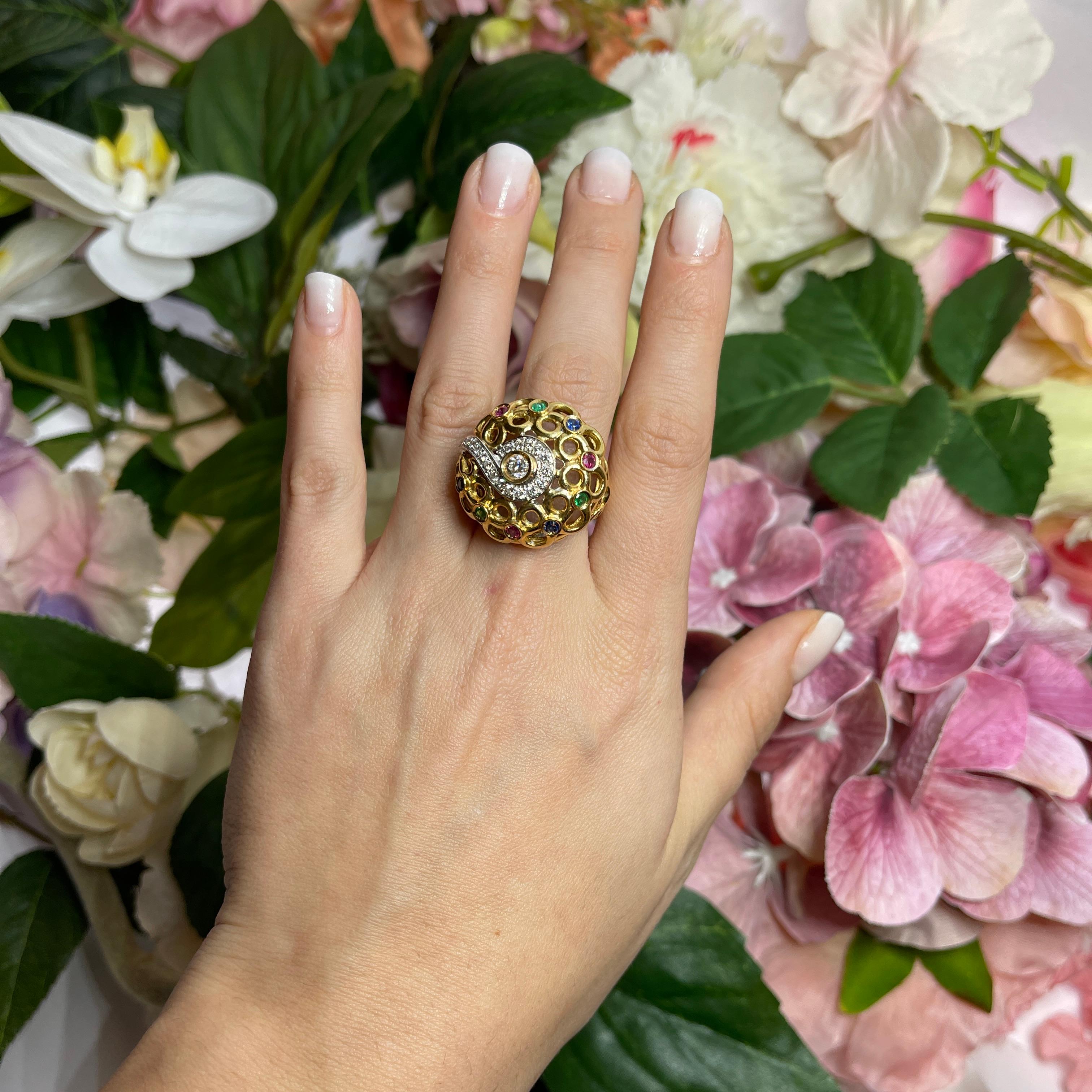 18k Yellow Gold Openwork Ring with Diamonds, Sapphires, Rubies, and Emeralds For Sale 1