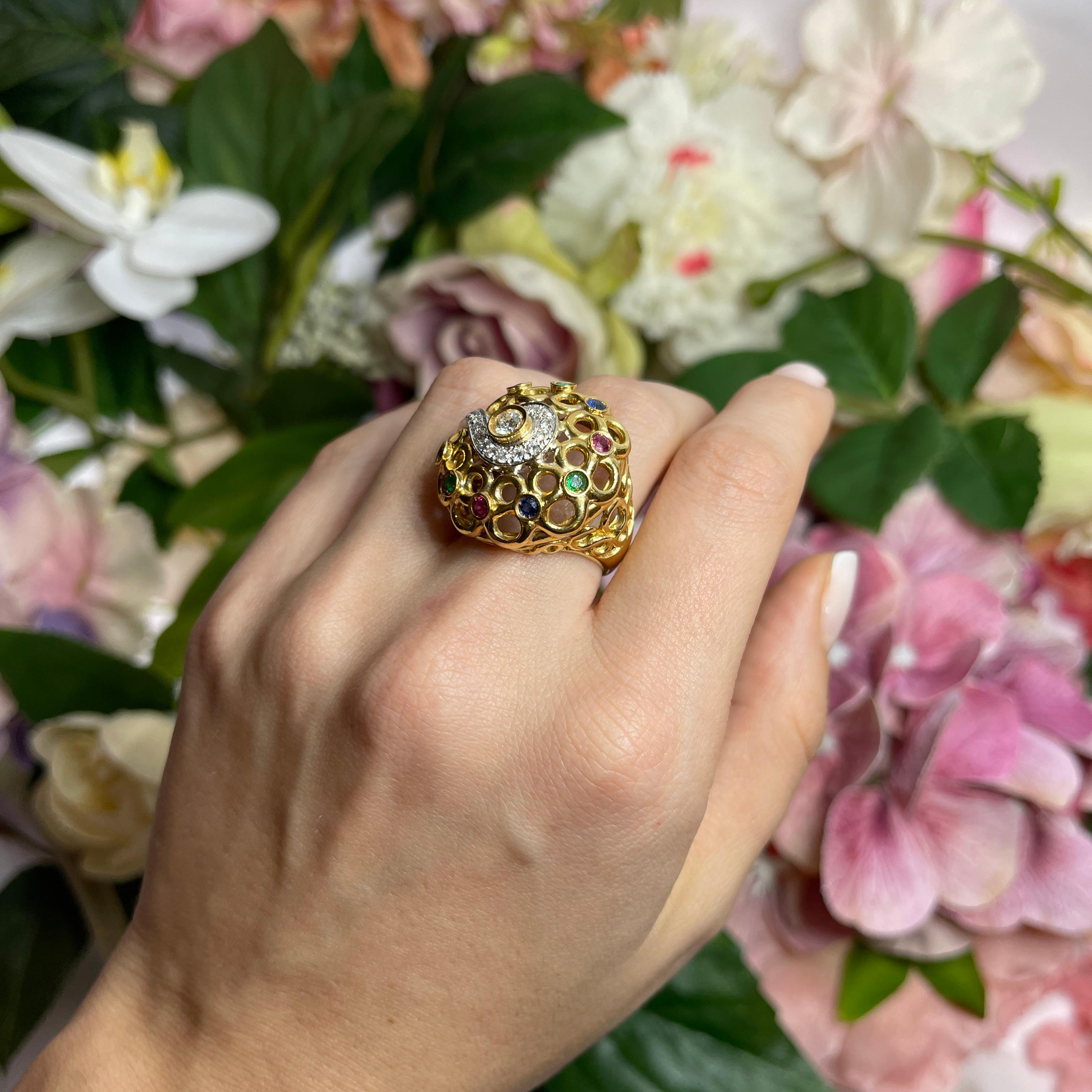 18k Yellow Gold Openwork Ring with Diamonds, Sapphires, Rubies, and Emeralds For Sale 2