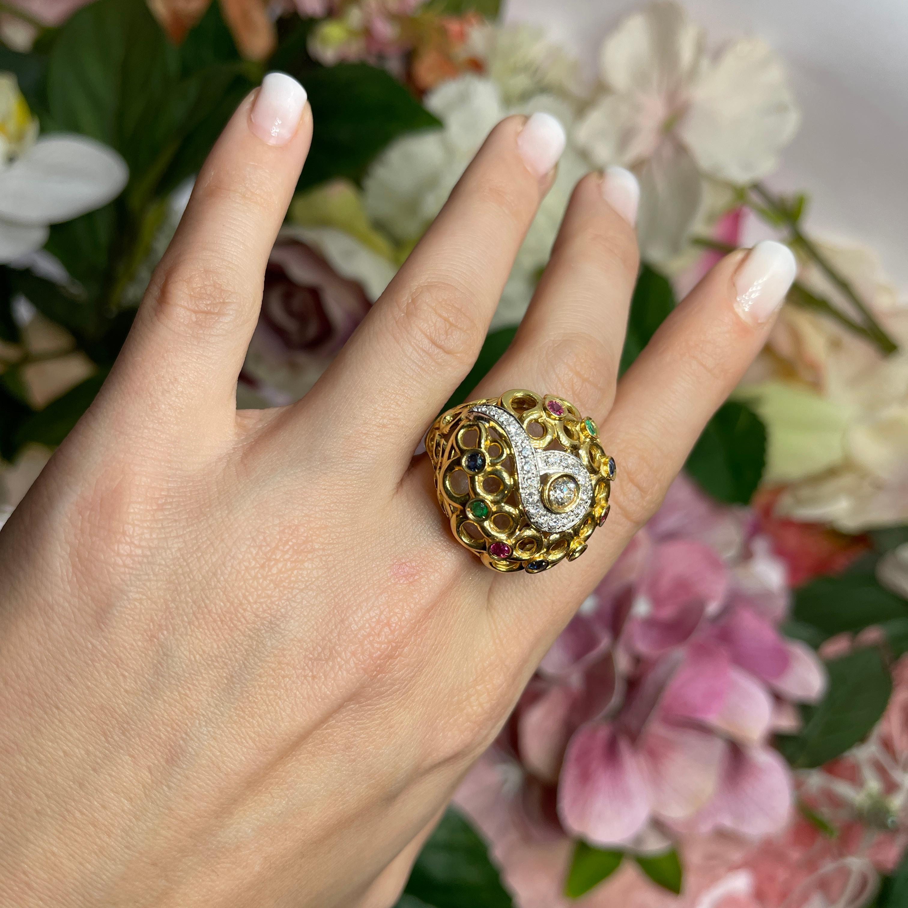 18k Yellow Gold Openwork Ring with Diamonds, Sapphires, Rubies, and Emeralds For Sale 3
